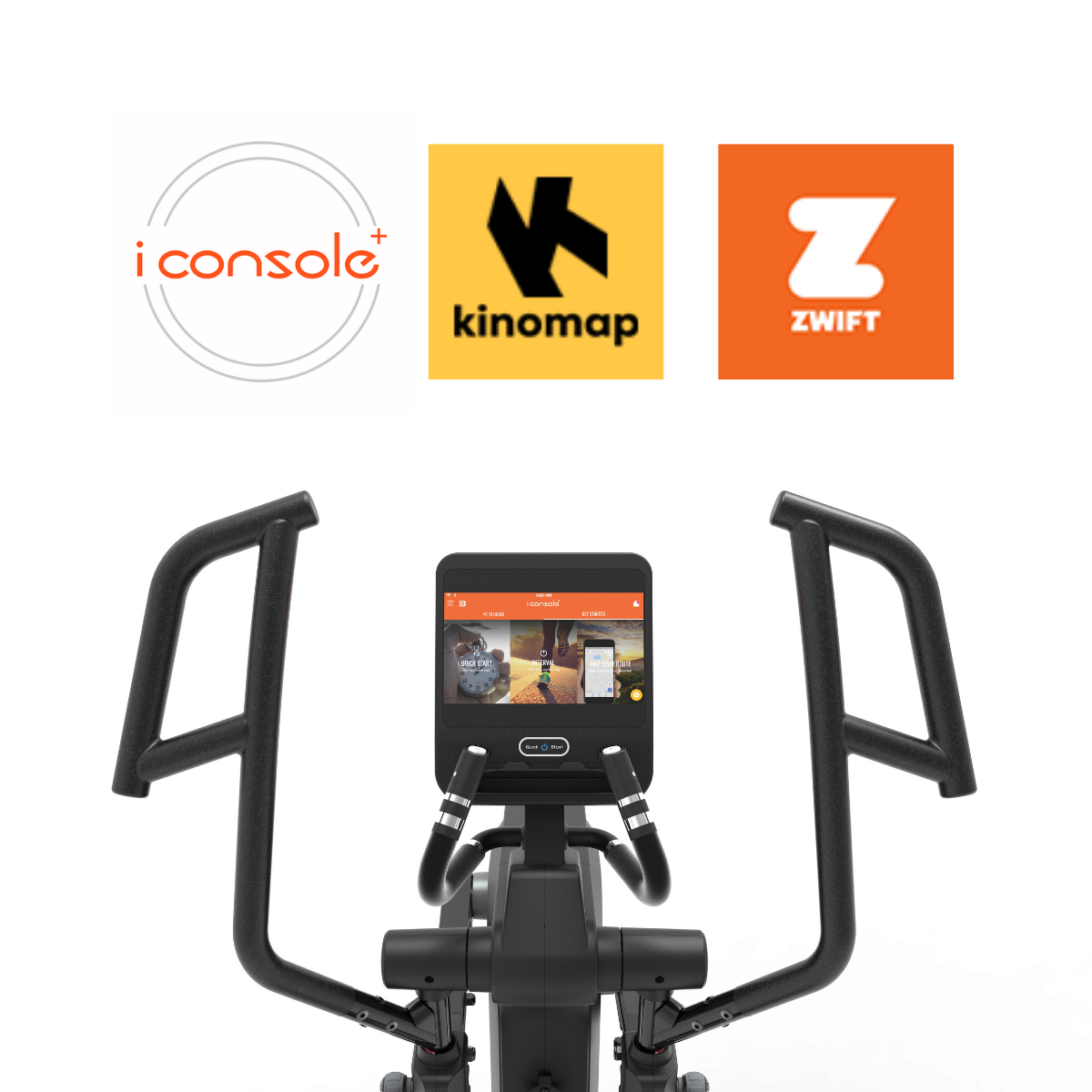 Ellipsentrainer mit Tablet-Oberfläche, zeigt Fitness-App-Symbole. Weißer Hintergrund.