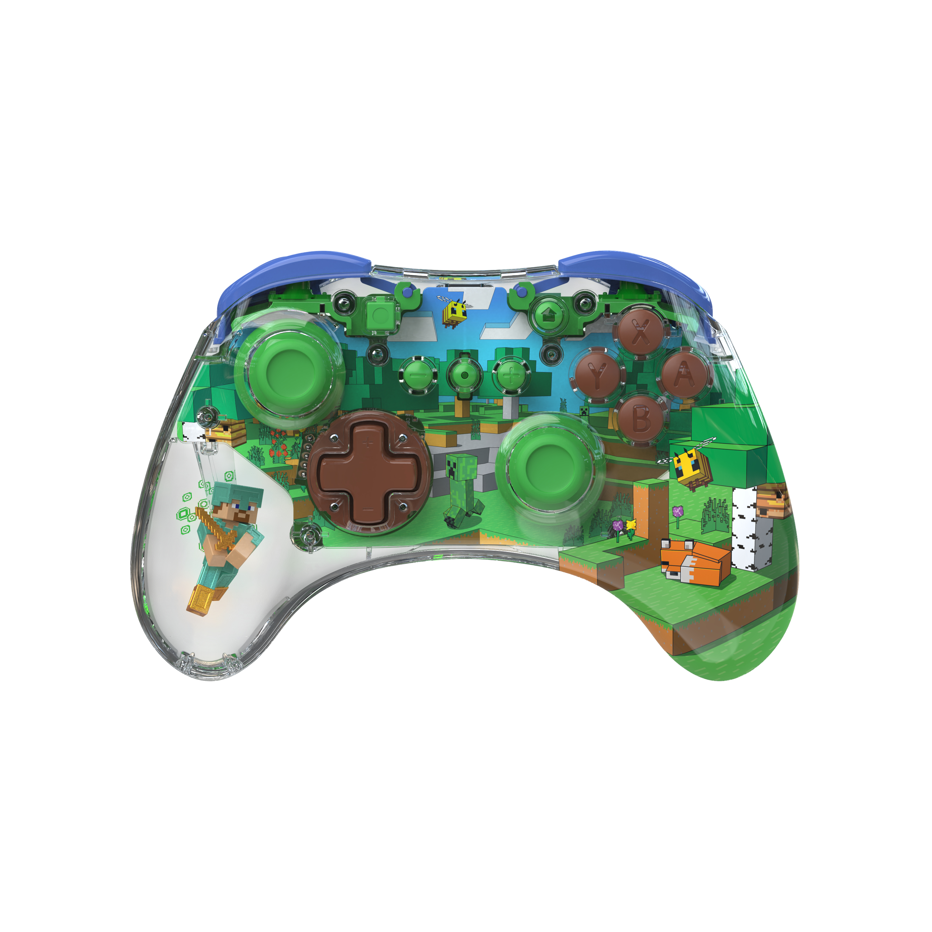 Minecraft-Videospiel-Controller mit grünen, braunen und blauen Details. Transparenter Körper.
