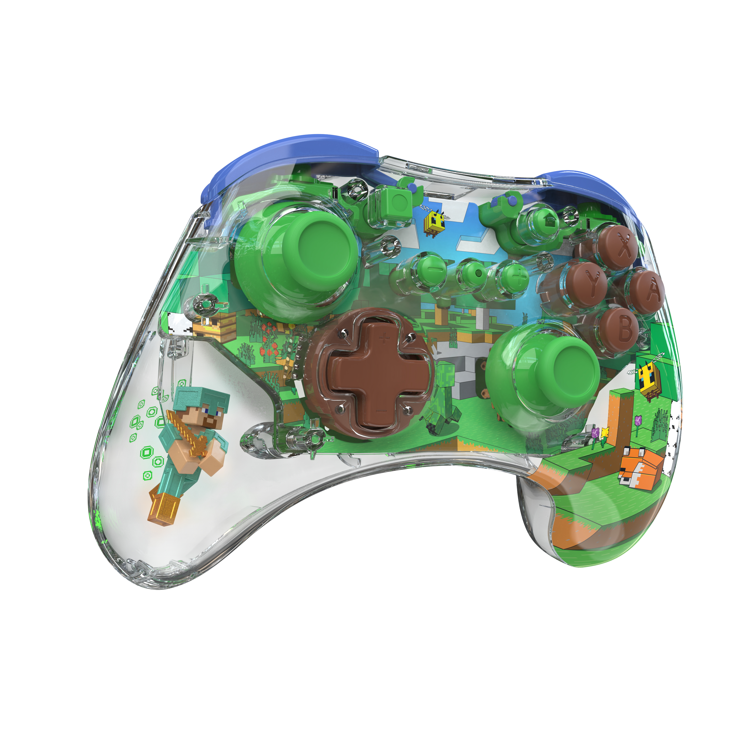 Minecraft-Controller mit durchsichtigem Gehäuse, grünen Knöpfen und braunem Joystick. Minecraft-Charaktere und -Szenen sind sichtbar.