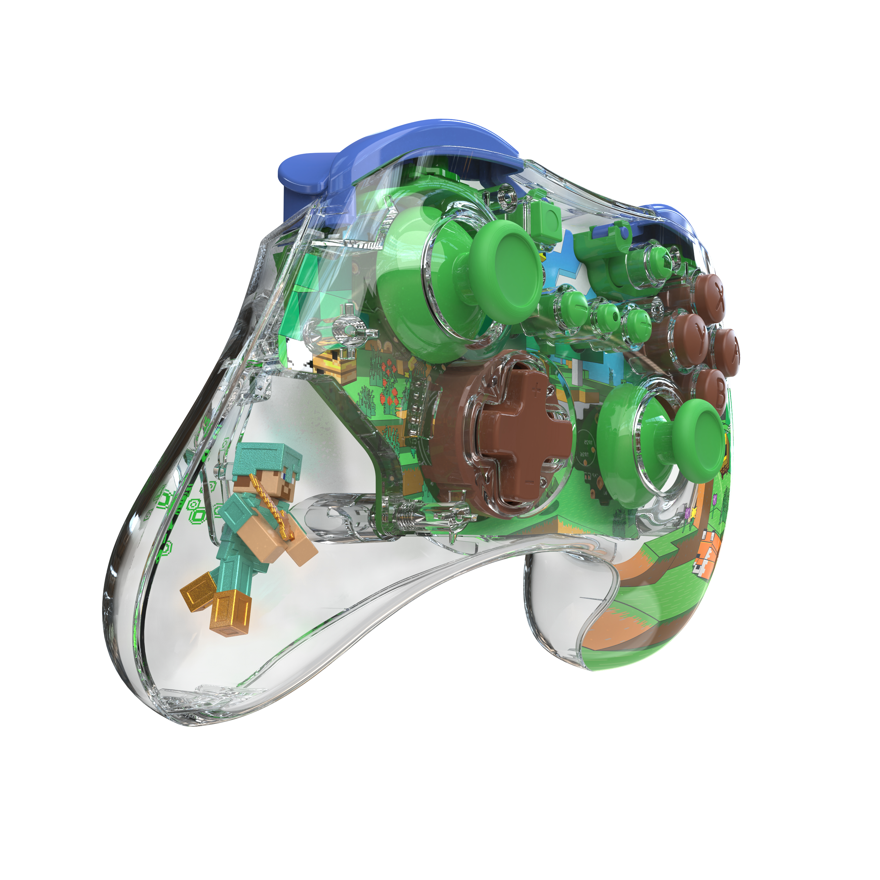 Minecraft-Videospiel-Controller mit grünen, braunen und blauen Elementen. Transparenter Körper.