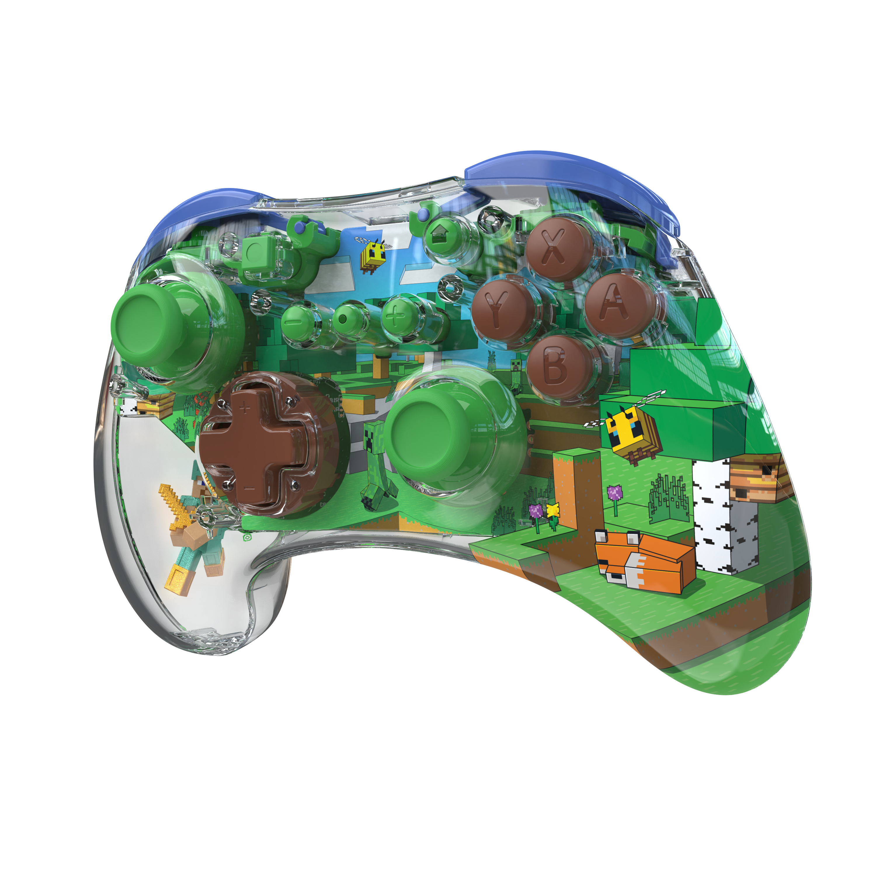 Transparenter Controller mit Minecraft-Grafiken. Grüne Knöpfe und brauner Joystick. Weißer Hintergrund.