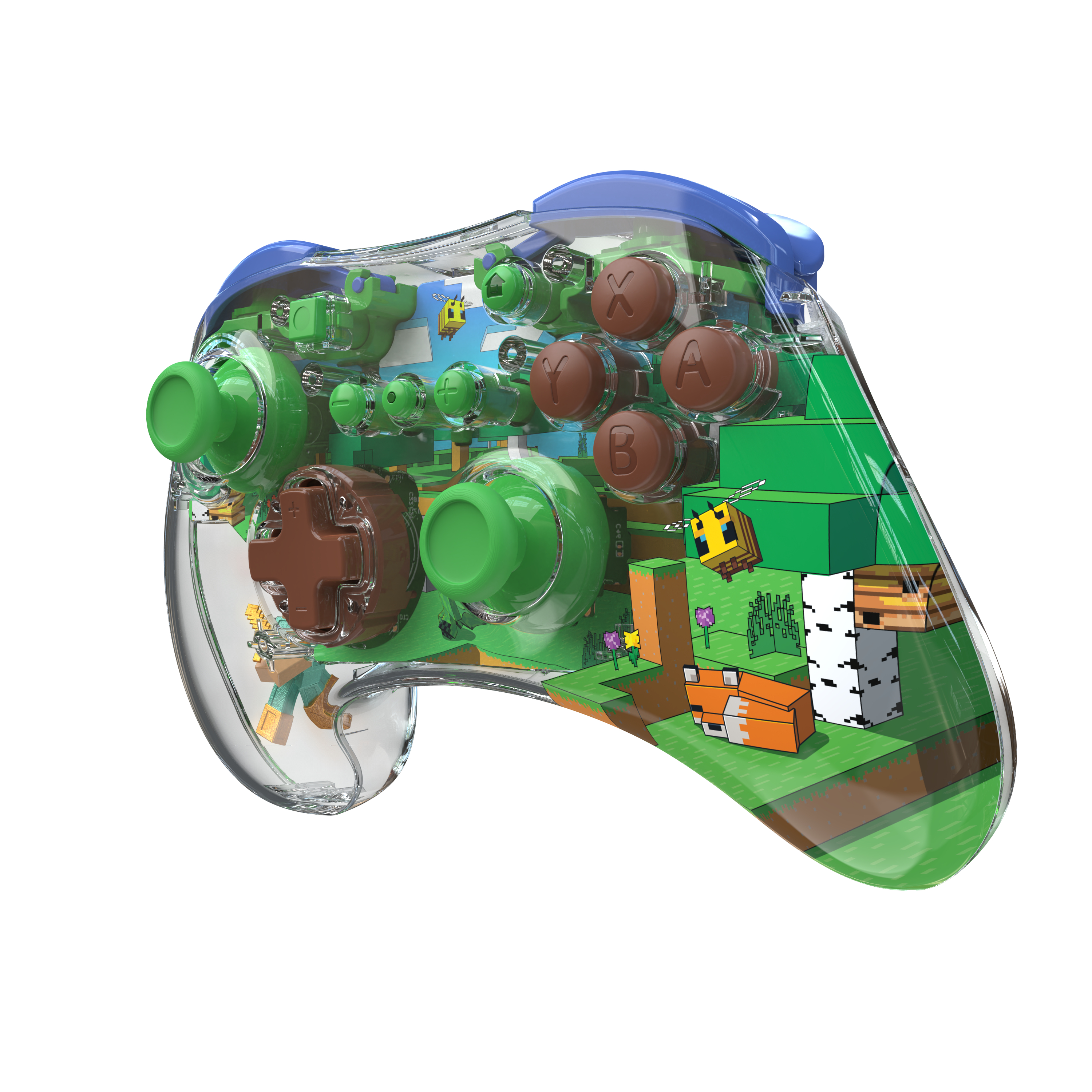 Ein transparenter Controller mit Minecraft-Szene, mit Charakter und Landschaft, Knöpfe sichtbar.