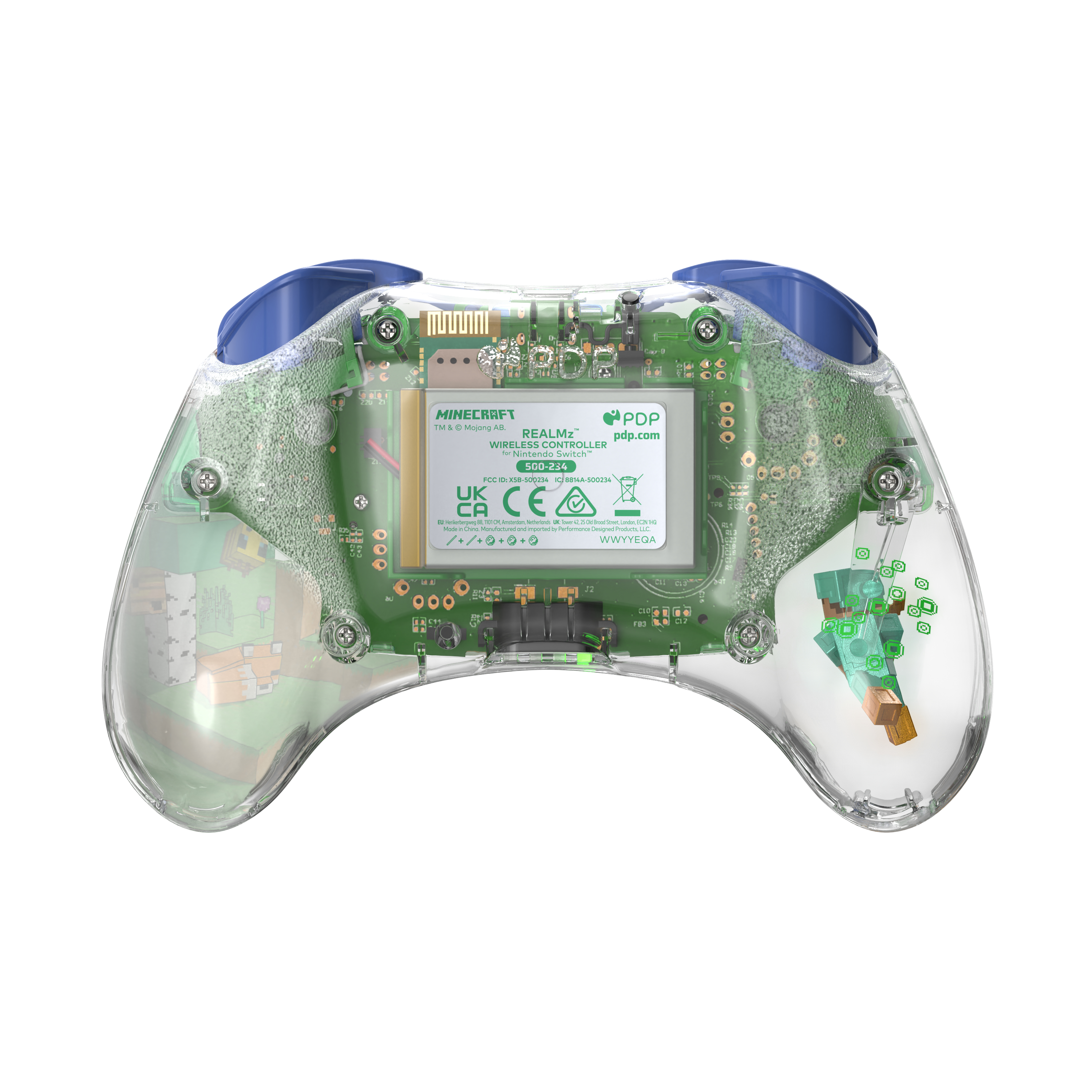 Minecraft-Controller mit grünen Knöpfen und braunem Joystick. Der Controller ist transparent, mit sichtbaren internen Komponenten.