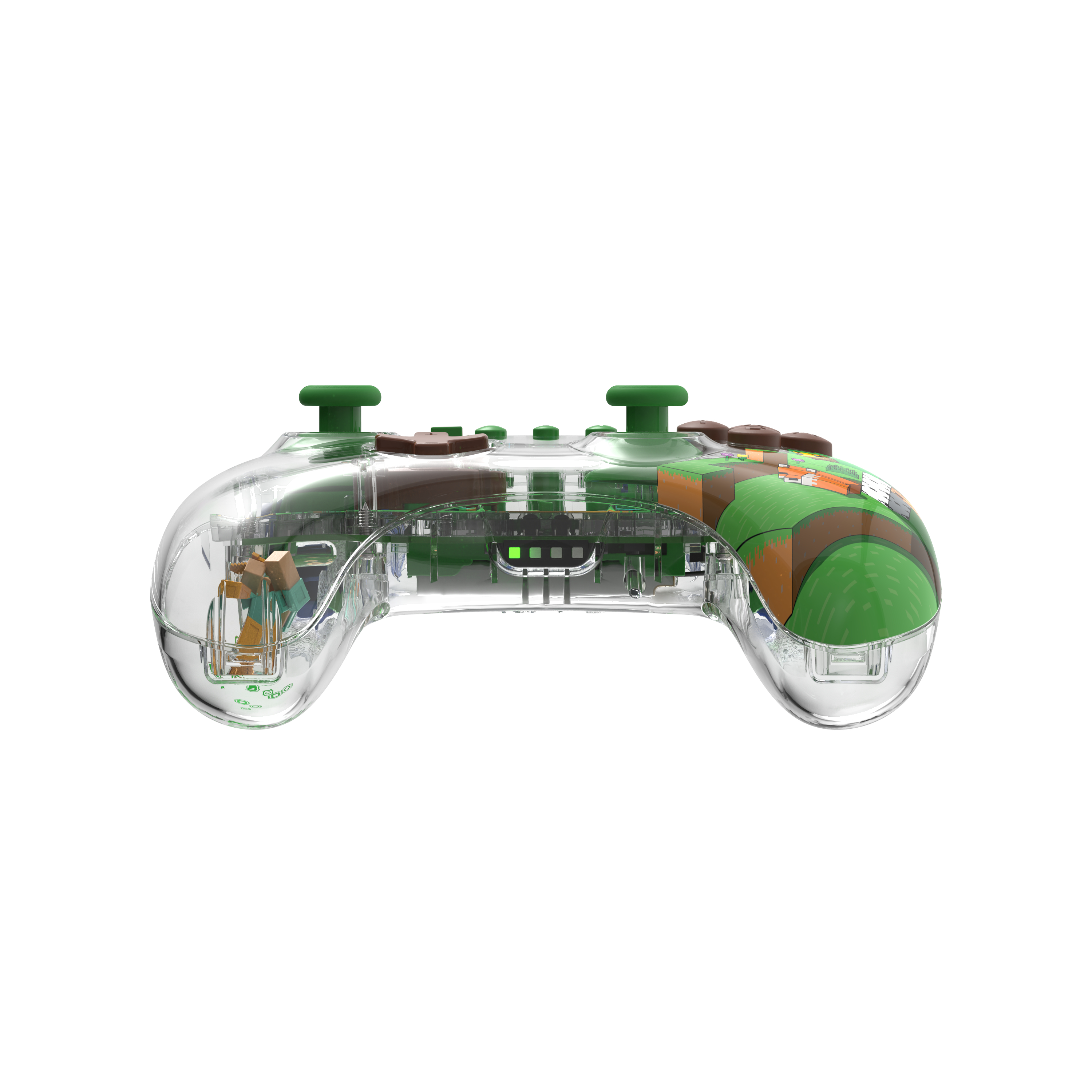 Transparenter Gamecontroller mit grünen Akzenten und Minecraft-Design. Grüne Knöpfe.