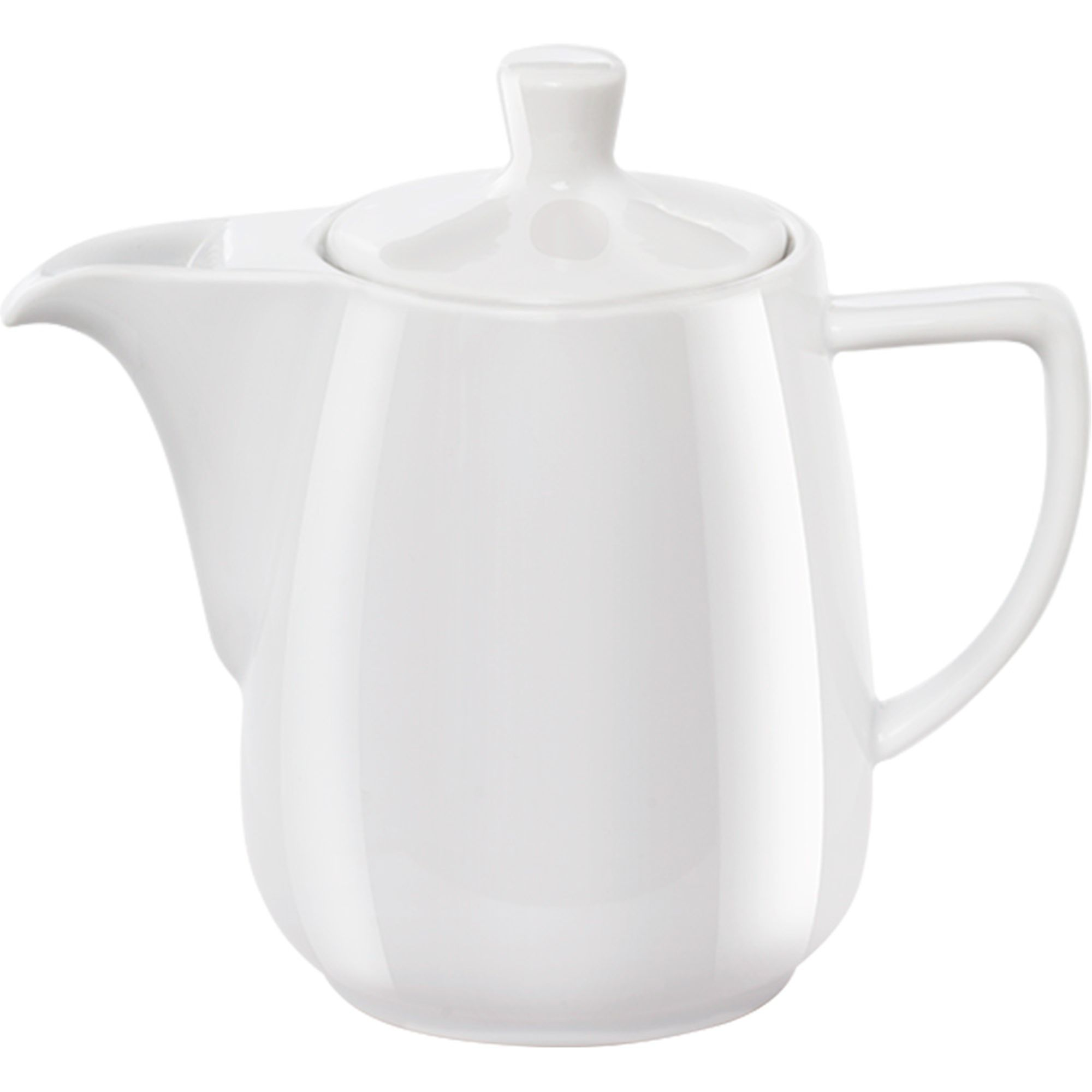 Una teiera in ceramica bianca con beccuccio curvo, manico e coperchio su sfondo bianco.