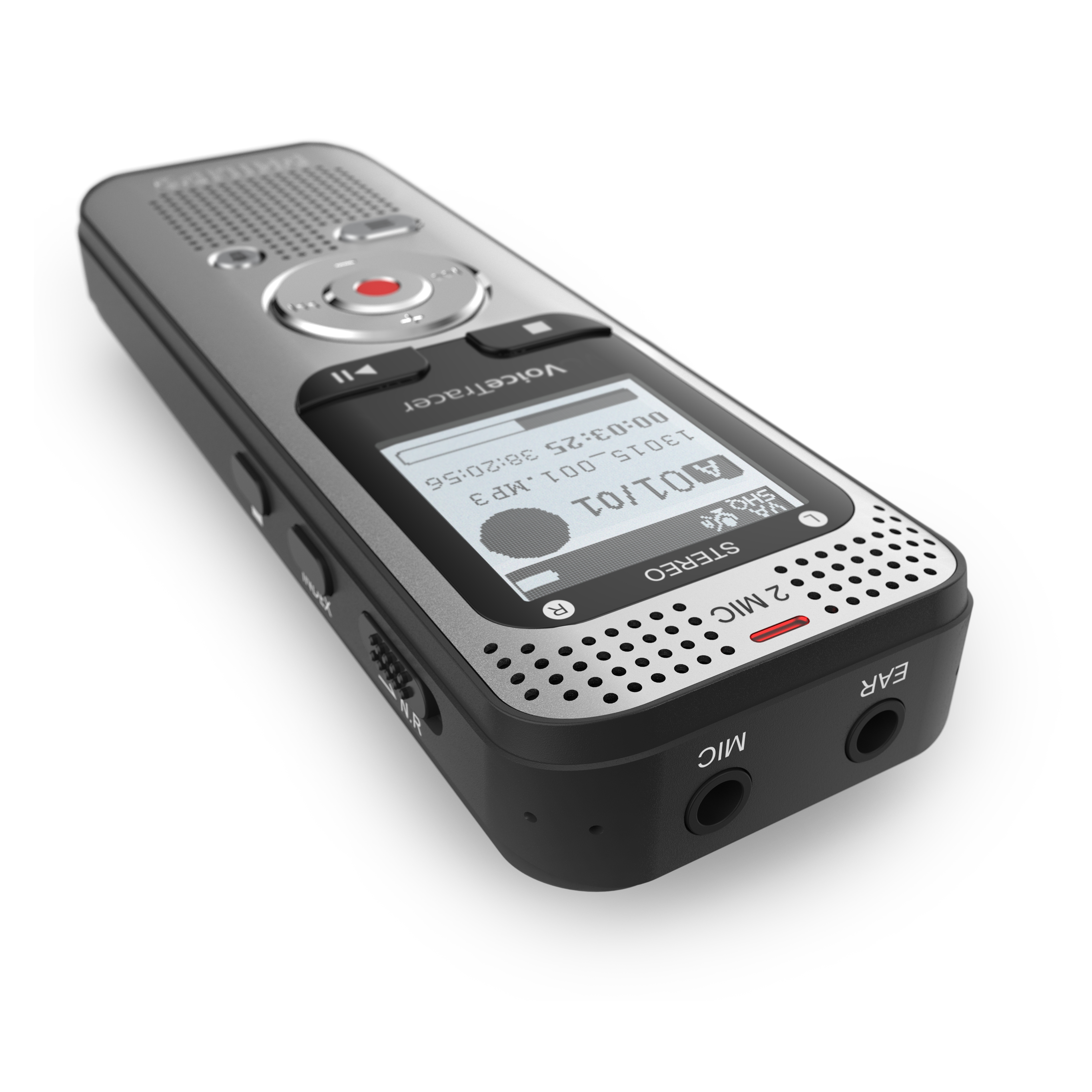 Zbliżenie srebrno-czarnego rejestratora głosu Philips z ekranem, przyciskami i wejściem mikrofonu.