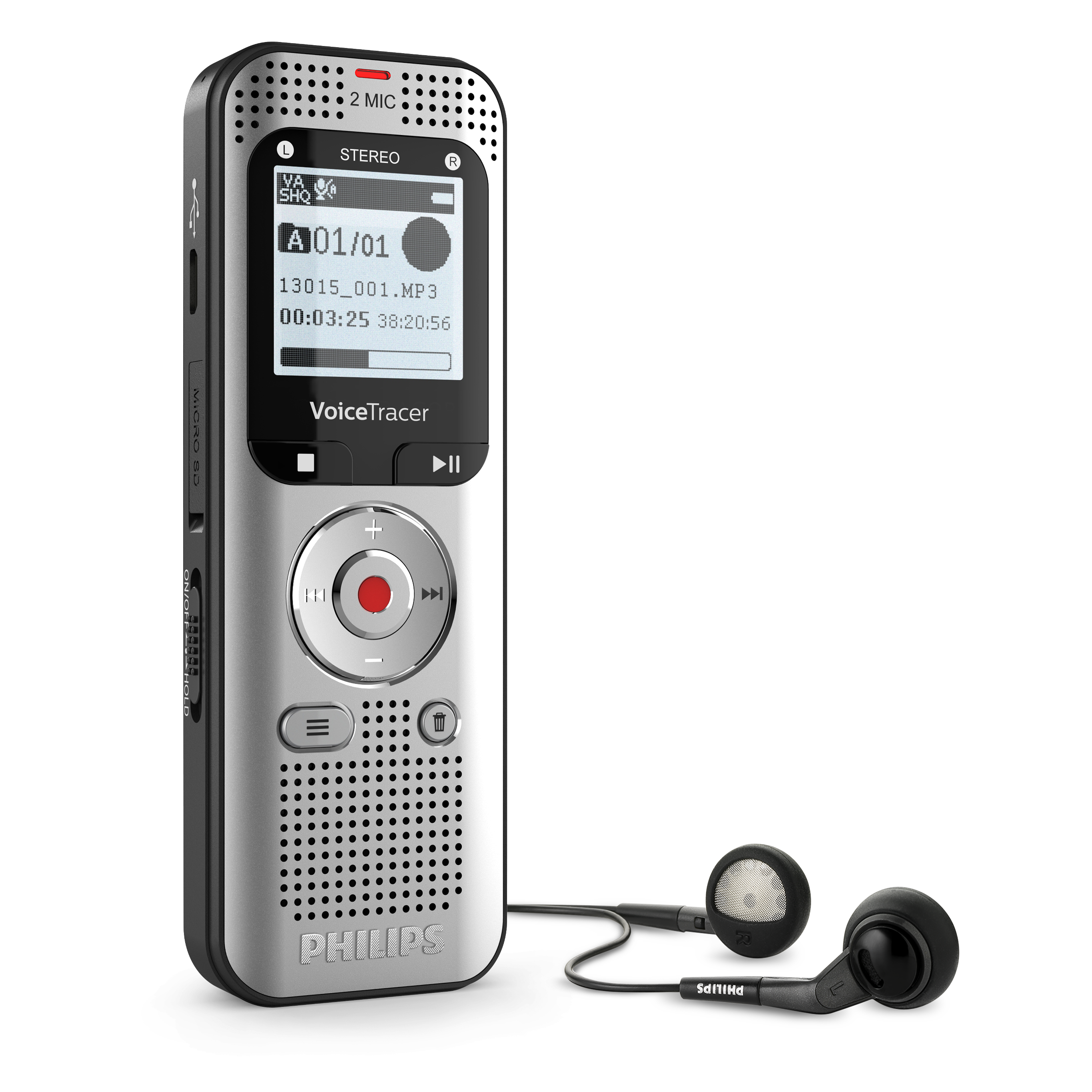 Srebrno-czarny rejestrator głosu Philips z ekranem i przyciskami oraz para czarnych słuchawek.