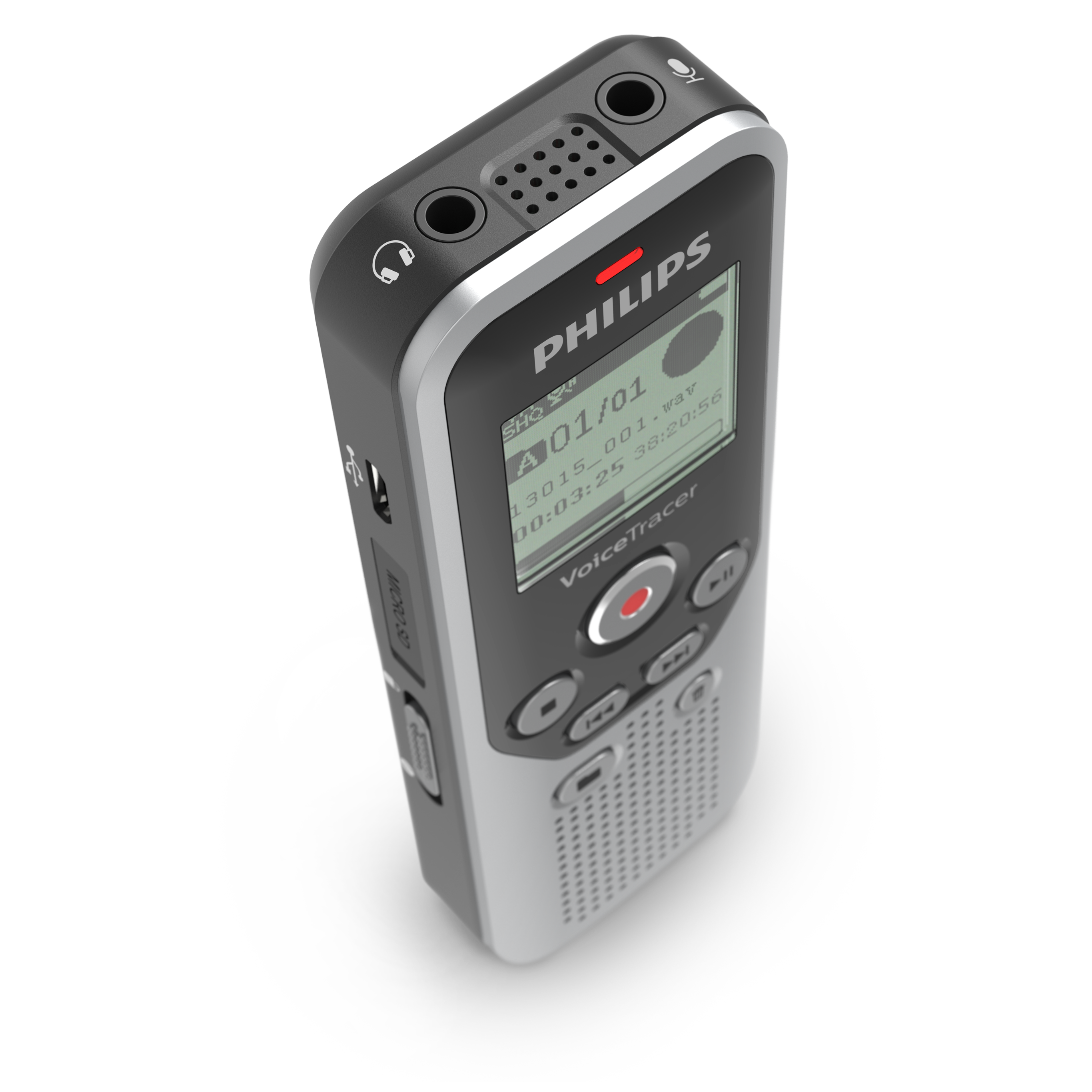 Czarny i srebrny rejestrator głosu Philips VoiceTracer. Posiada ekran i przyciski.