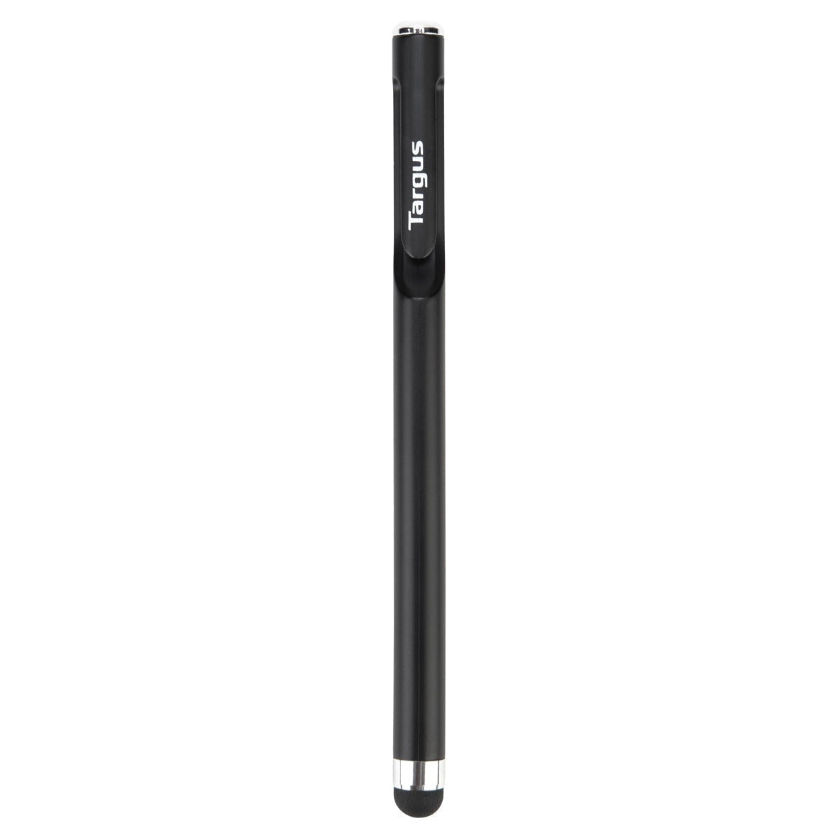 Ein schwarzer Targus-Eingabestift, vertikal stehend. Der Stift hat eine silberne Spitze und das Targus-Logo.