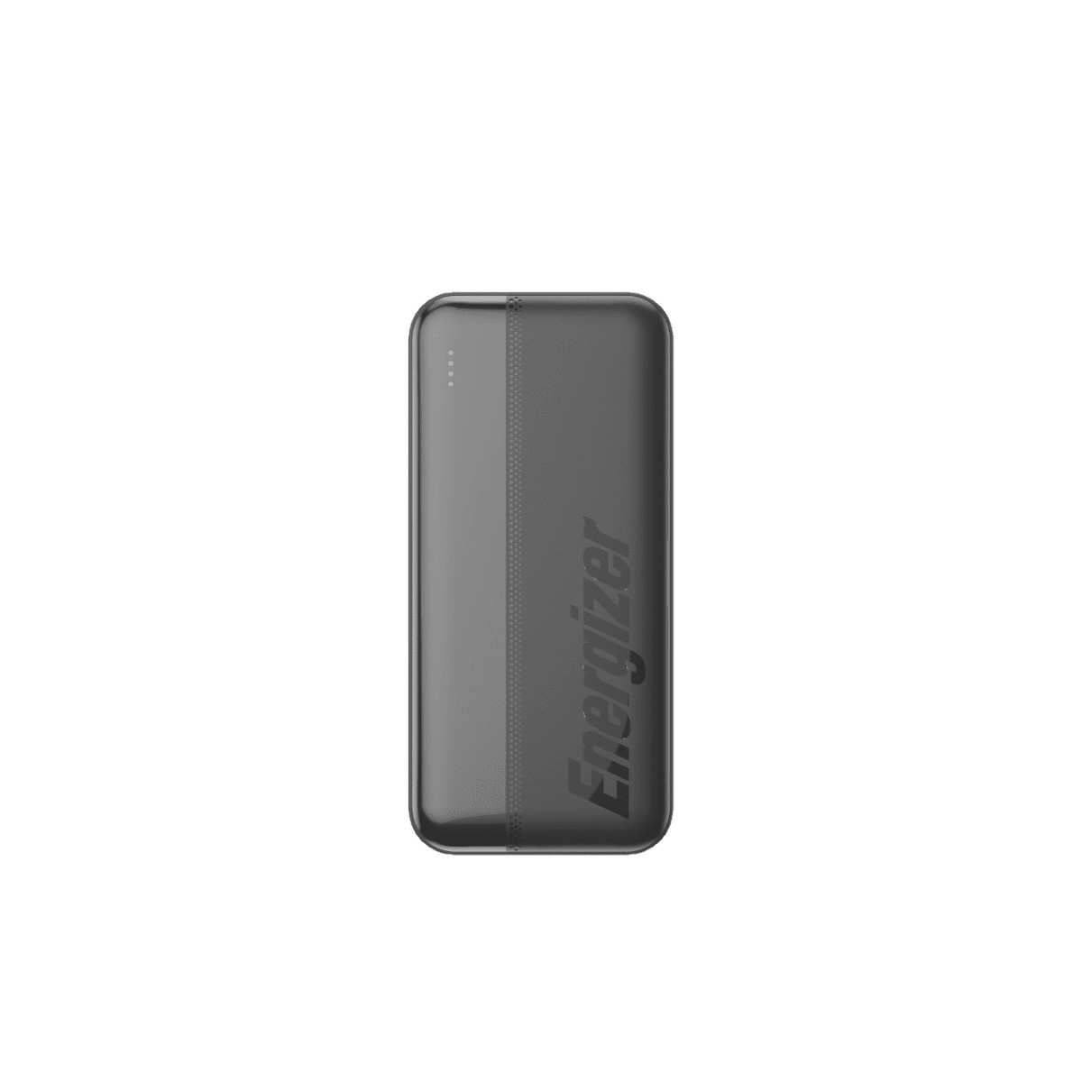 Eine dunkelgraue Energizer Powerbank, von vorne gesehen. Der Markenname ist sichtbar.