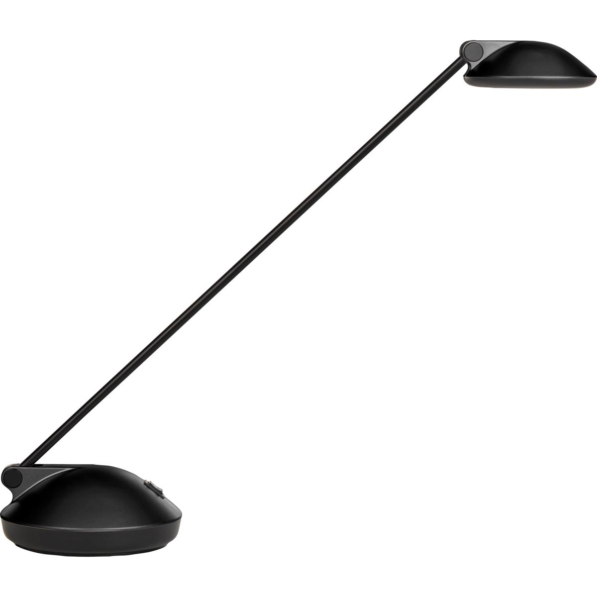 Eine schwarze Schreibtischlampe mit langem, verstellbarem Arm. Der Sockel ist ebenfalls schwarz und rund.
