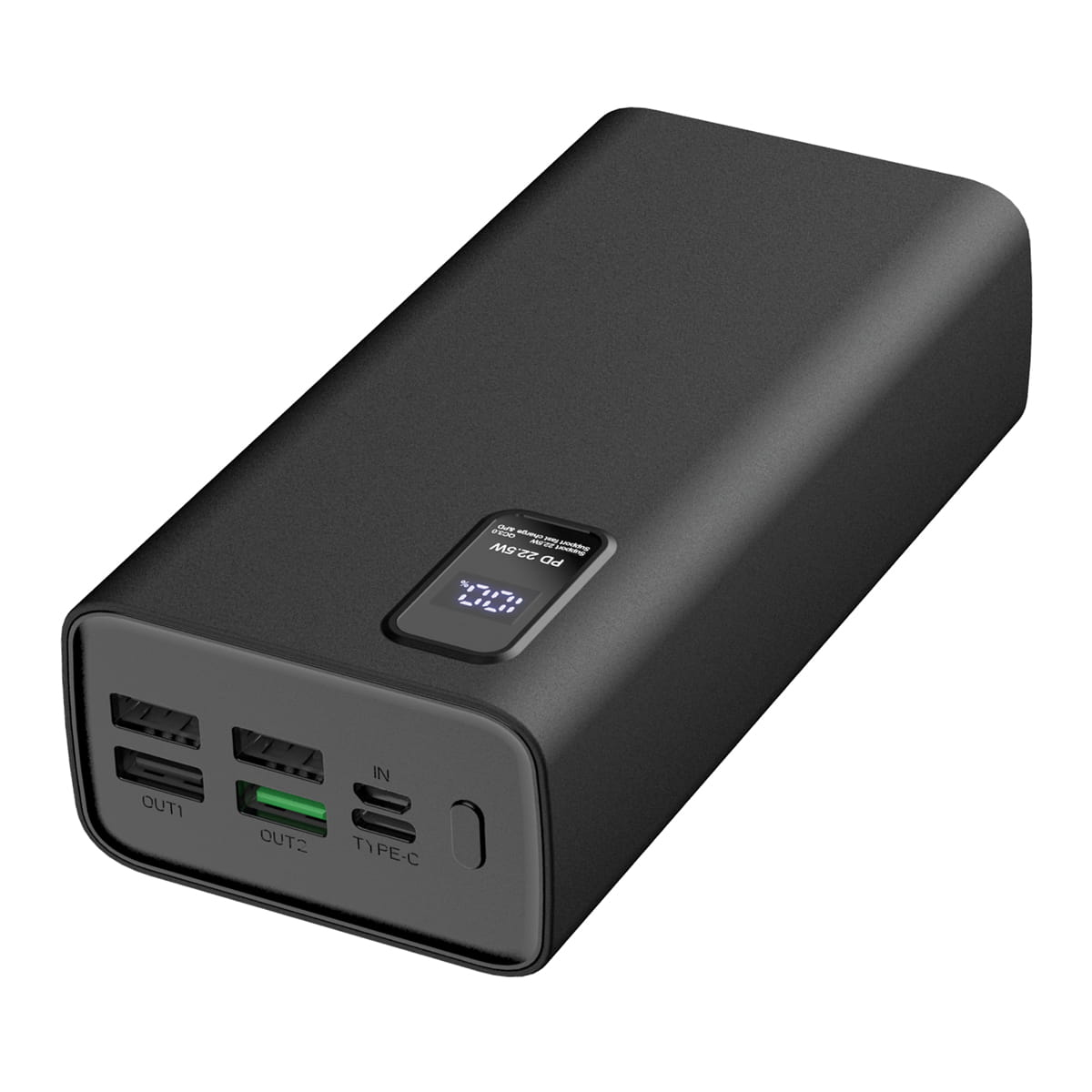 Schwarze Powerbank mit Display, das 100% anzeigt und mehrere Anschlüsse hat. Dunkler Hintergrund.