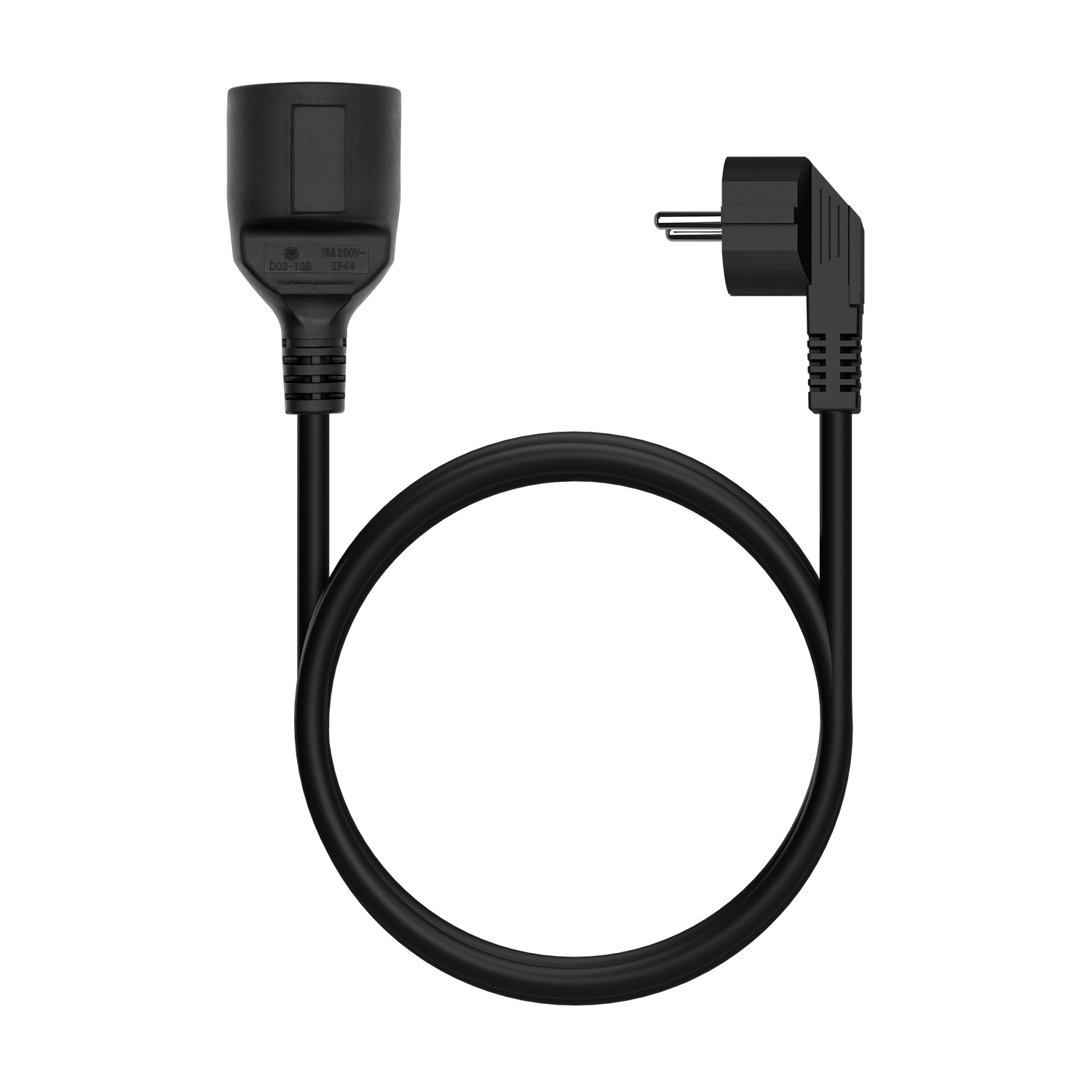 Un cable de extensión negro con un conector hembra y un enchufe en ángulo recto, sobre fondo blanco.