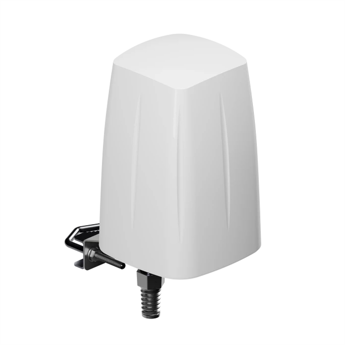 Une antenne blanche avec un support de montage noir. L'antenne a un sommet carré.