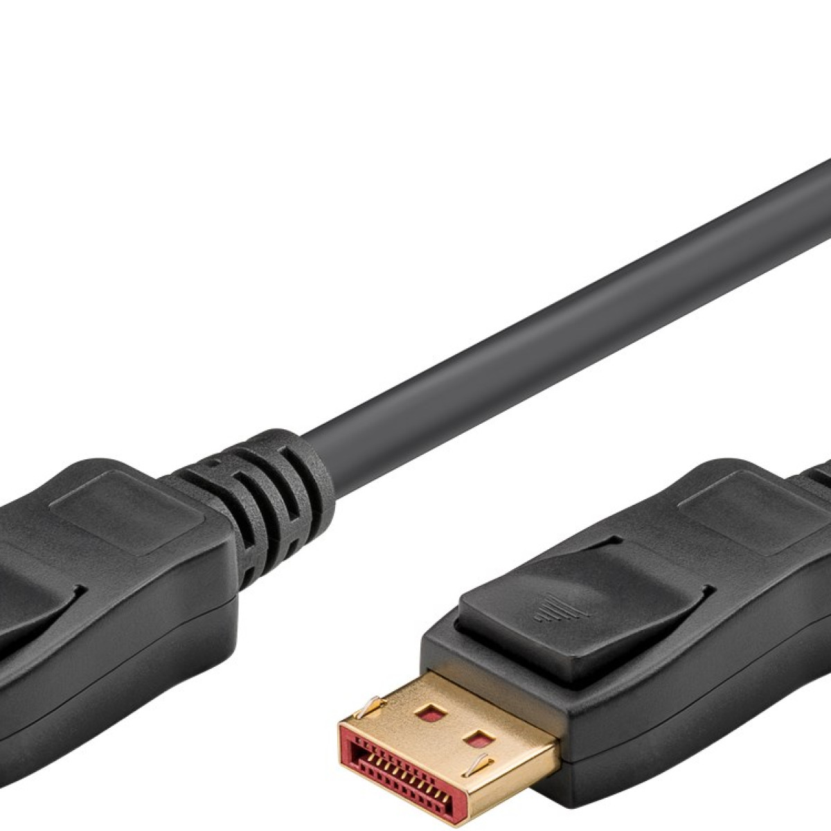 Ein schwarzes DisplayPort-Kabel mit Steckern an beiden Enden. Ein Stecker ist goldfarben mit roten Details.