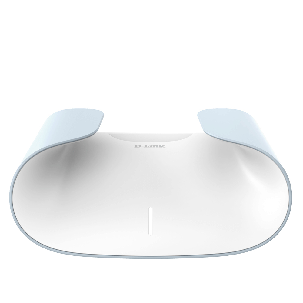 Ein weißer und hellblauer D-Link Router. Es hat eine abgerundete Form mit einer leichten Aufwärtskurve.