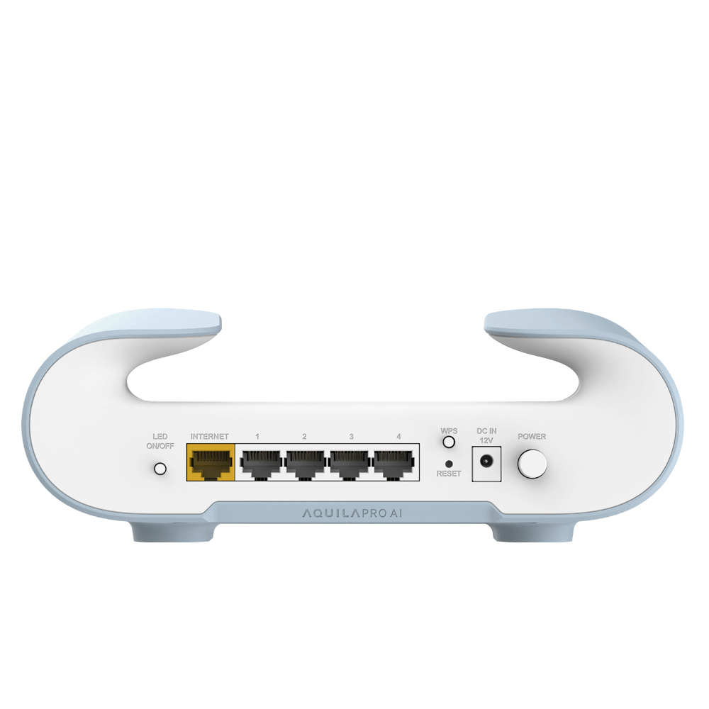 Ein weißer und hellblauer Router mit Anschlüssen und Knöpfen. Der Text 'AQUILA PRO AI' ist sichtbar.