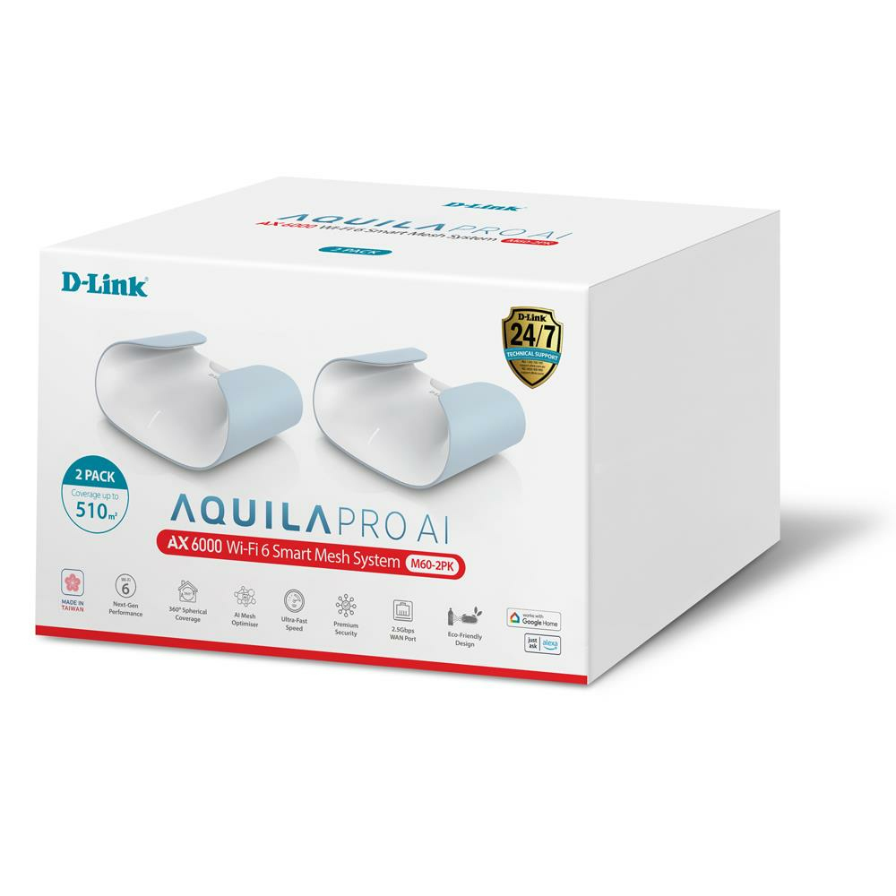 Eine weiße und blaue Box des D-Link Wi-Fi 6 Smart Mesh Systems, mit zwei weißen Geräten.