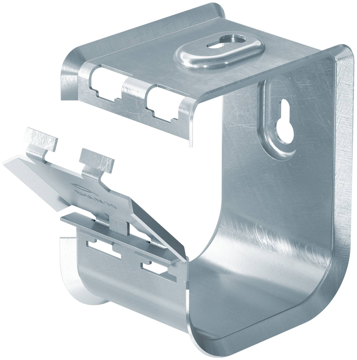 Ein silberner Metallwinkel mit einem Scharnierbereich, zur Wandmontage.