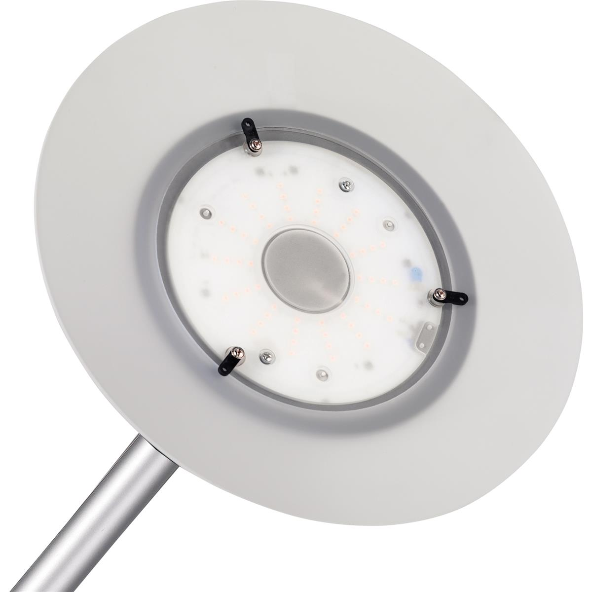 Das Innere einer runden Außenlampe mit weißem, mattiertem Deckel und einer Reihe kleiner Lichter.