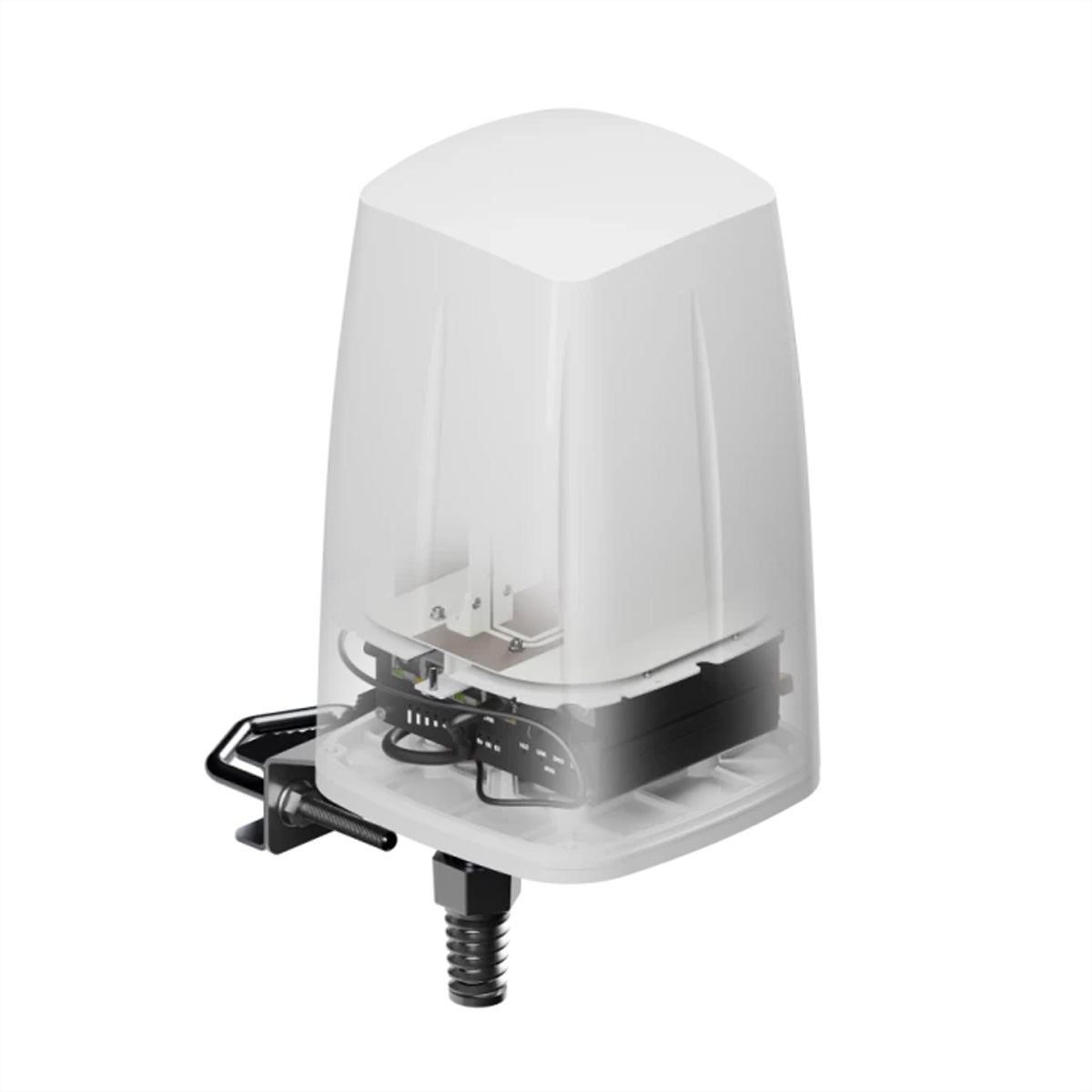 Weiße Antenne mit transparentem Deckel, Innenkomponenten und schwarzer Basis.