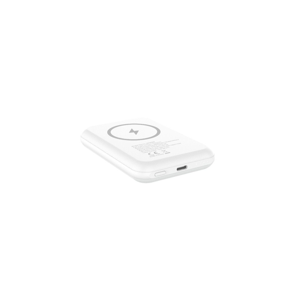 Caricatore wireless bianco con icona di ricarica centrata, isolato su sfondo bianco.