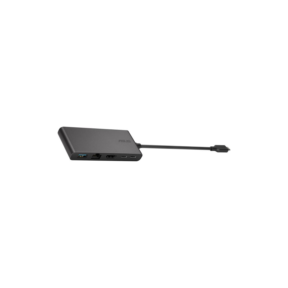 A dark gray ASUS USB-C hub with multiple ports and a black cable.