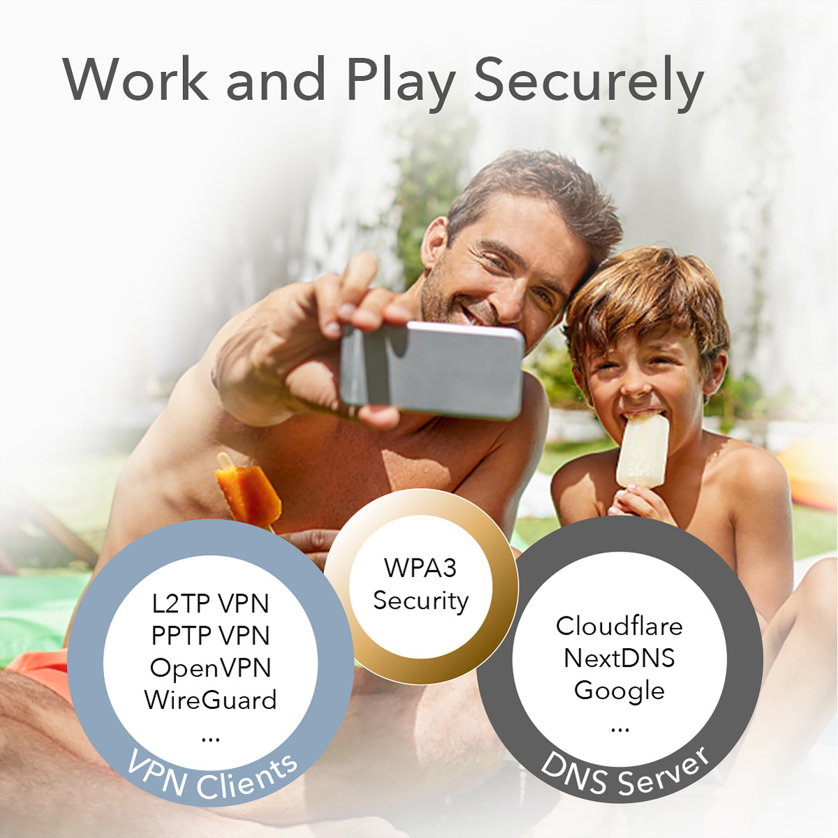 Mann und Junge machen Selfie mit Symbolen für VPN-Clients und DNS-Server.