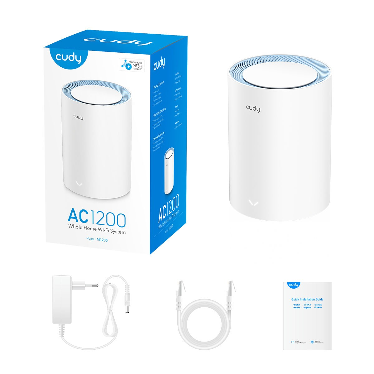 Router mit Verpackung und Zubehör, einschließlich Netzteil, Kabel und Kurzanleitung.