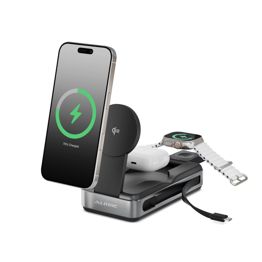 Una estación de carga con teléfono, reloj y auriculares, sobre un fondo blanco.