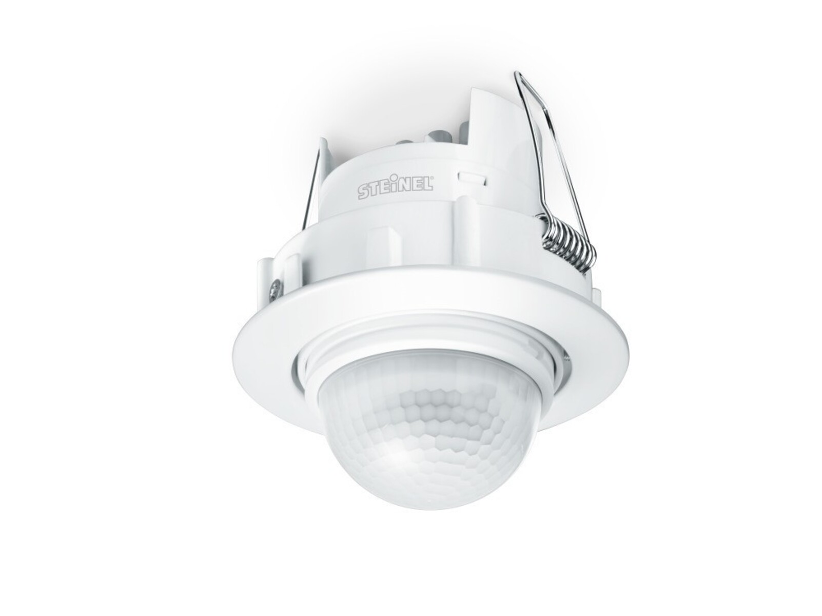 Sensore di movimento bianco montato a soffitto con cupola arrotondata, su sfondo bianco.