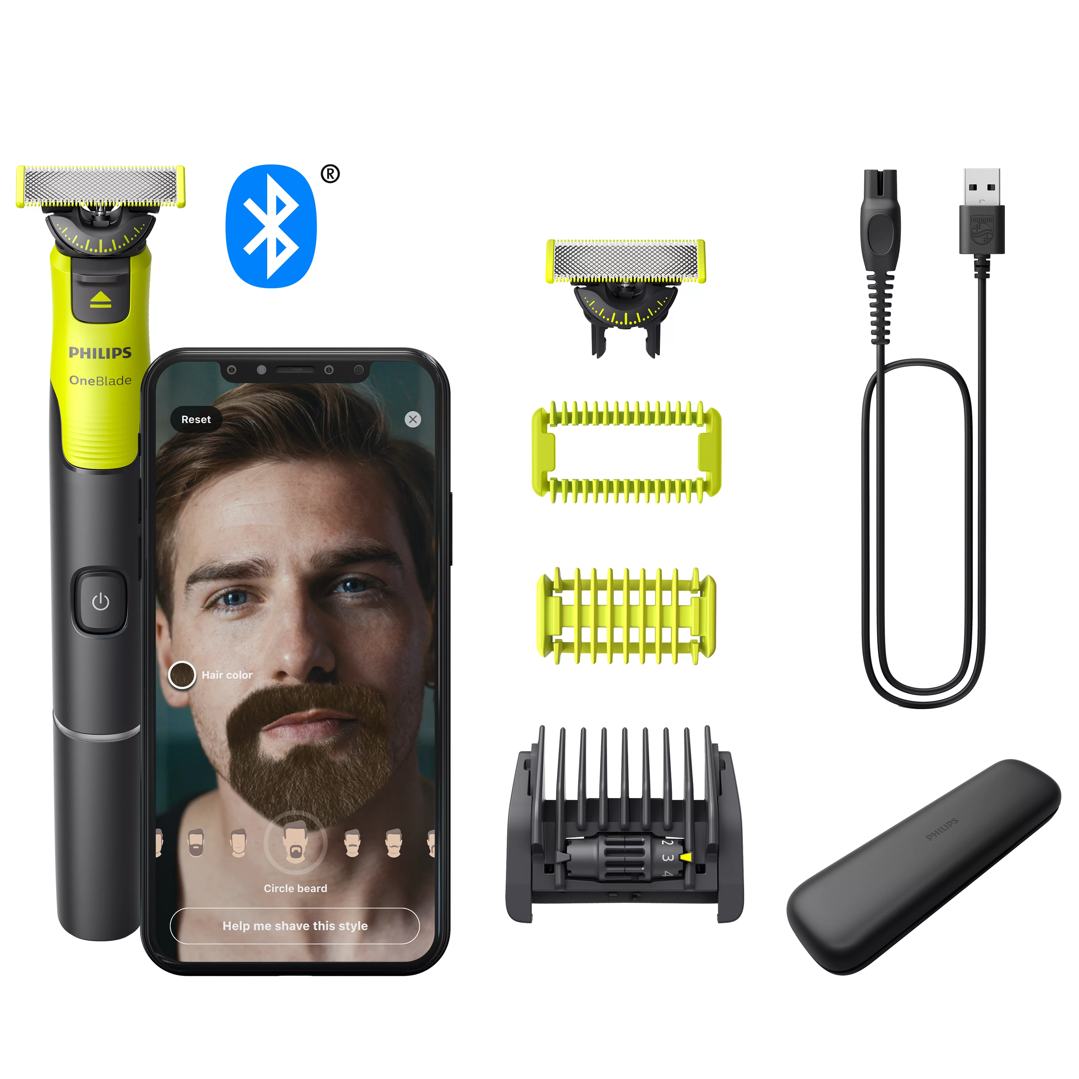 Philips OneBlade, telefon z stylami brody i akcesoriami na białym tle.