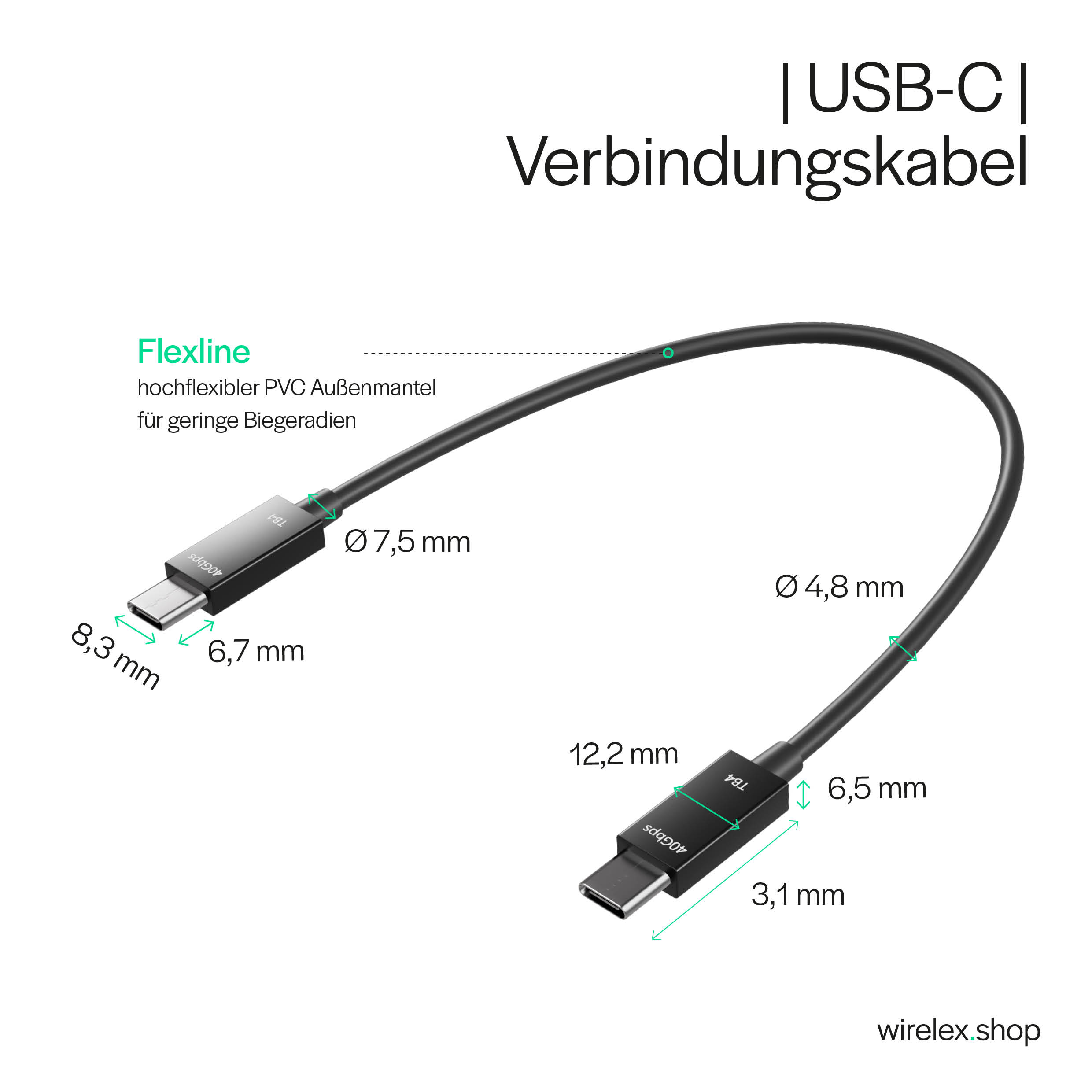 Ein schwarzes USB-C-Kabel mit Abmessungen und Text über Flexibilität und Geschwindigkeit.