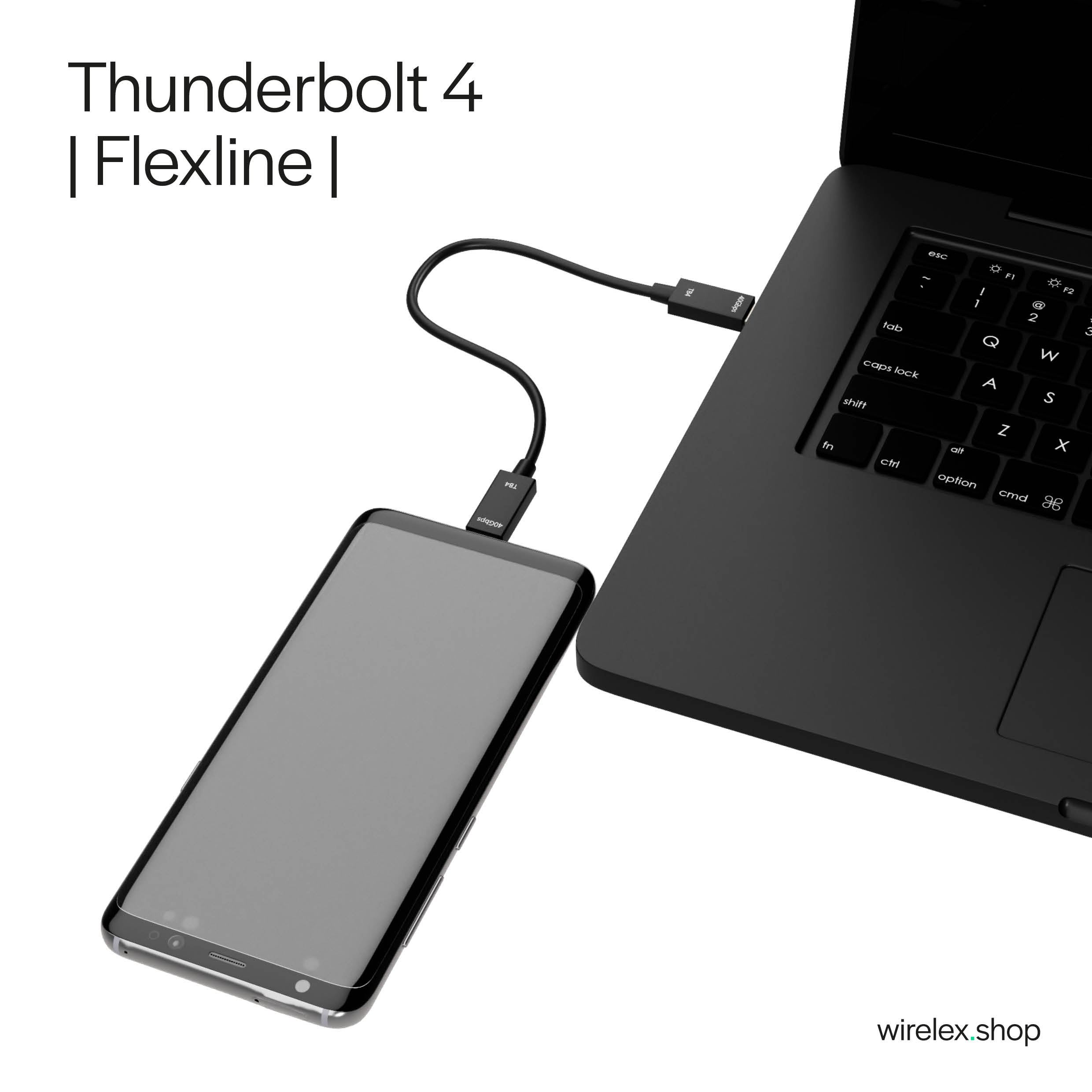 Ein Telefon ist mit einem schwarzen Laptop über ein USB-C-Kabel verbunden, mit Abmessungen und Text.