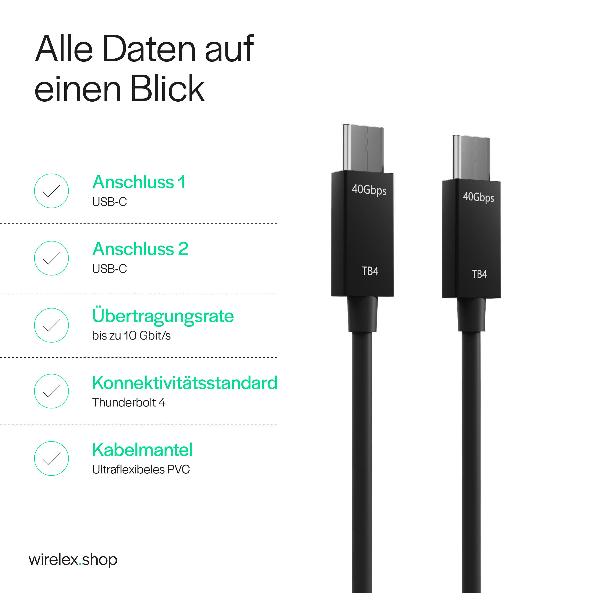 Zwei schwarze USB-C-Kabel mit Anschlüssen und Infos zu Verbindung und Übertragungsrate.