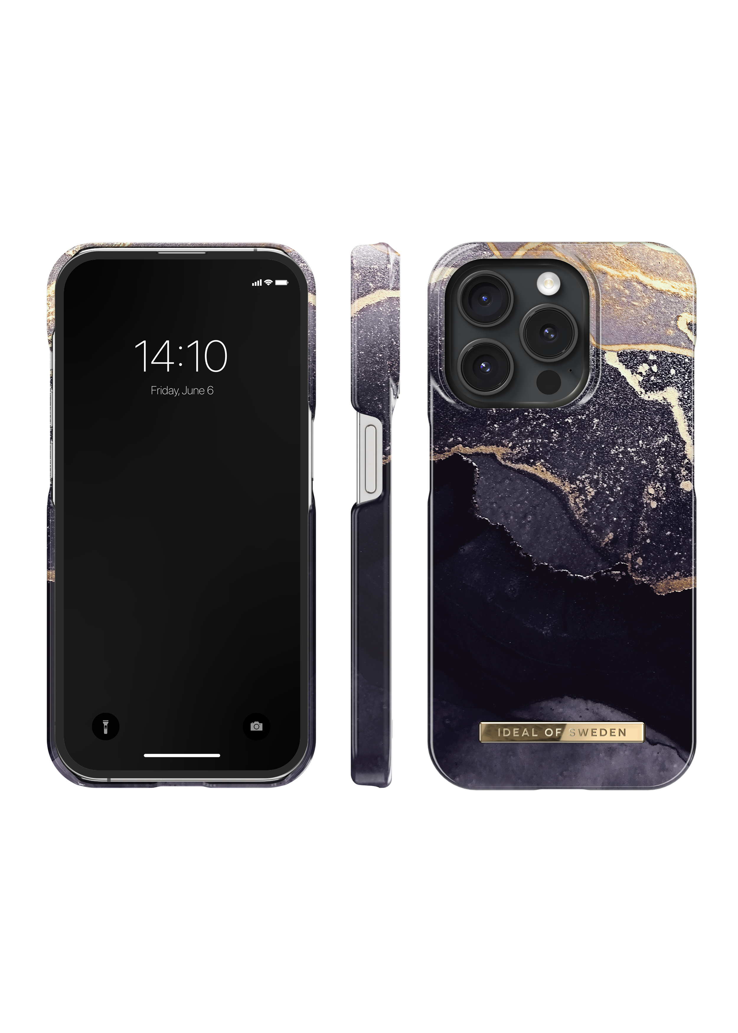iPhone und Hülle mit schwarzem und goldenem Marmordesign. Seitenansicht zeigt das Profil der Hülle.