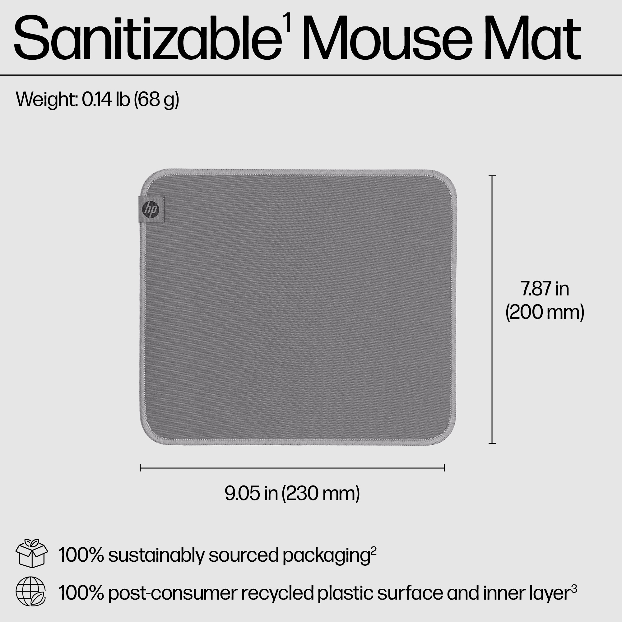 Tappetino per mouse grigio con misure e testo, logo HP e icone di riciclo su sfondo bianco.