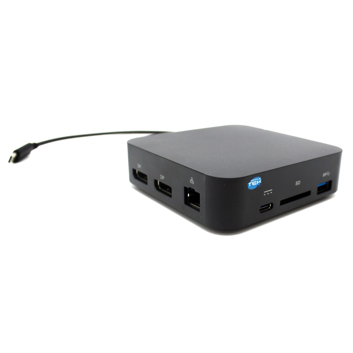 Una docking station nera con più porte è angolata su uno sfondo bianco.