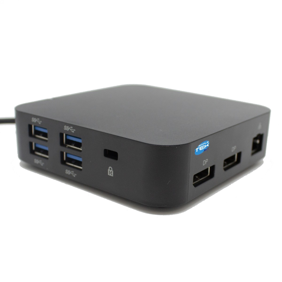 Una docking station nera con più porte è centrata su uno sfondo bianco.