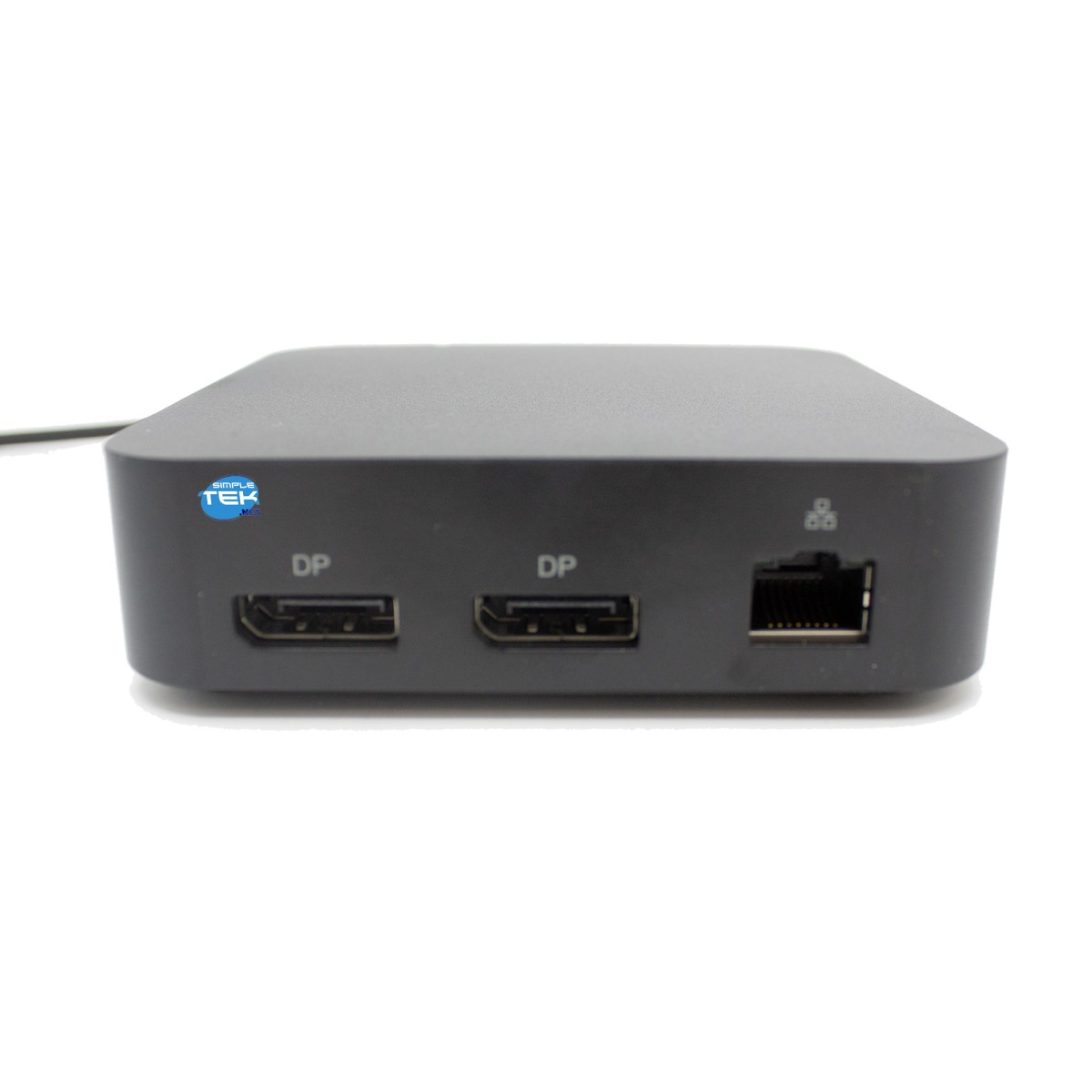 Un hub nero con due porte DP e una porta Ethernet, con il logo SimpleTek.