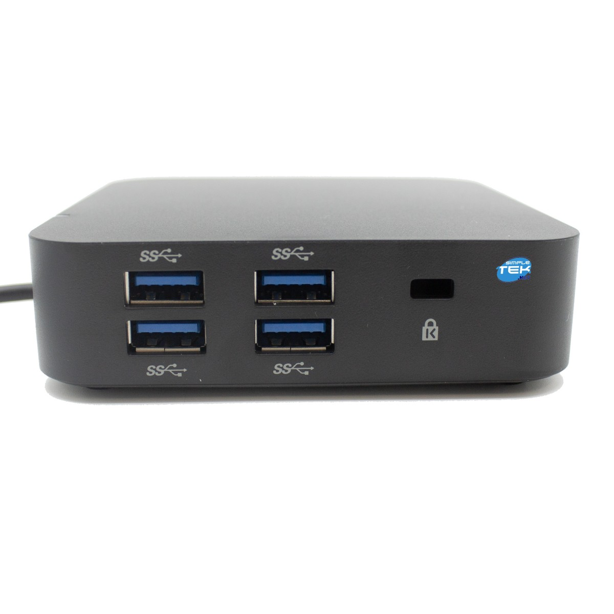 Una docking station nera con porte USB, un'icona a lucchetto, su sfondo bianco.
