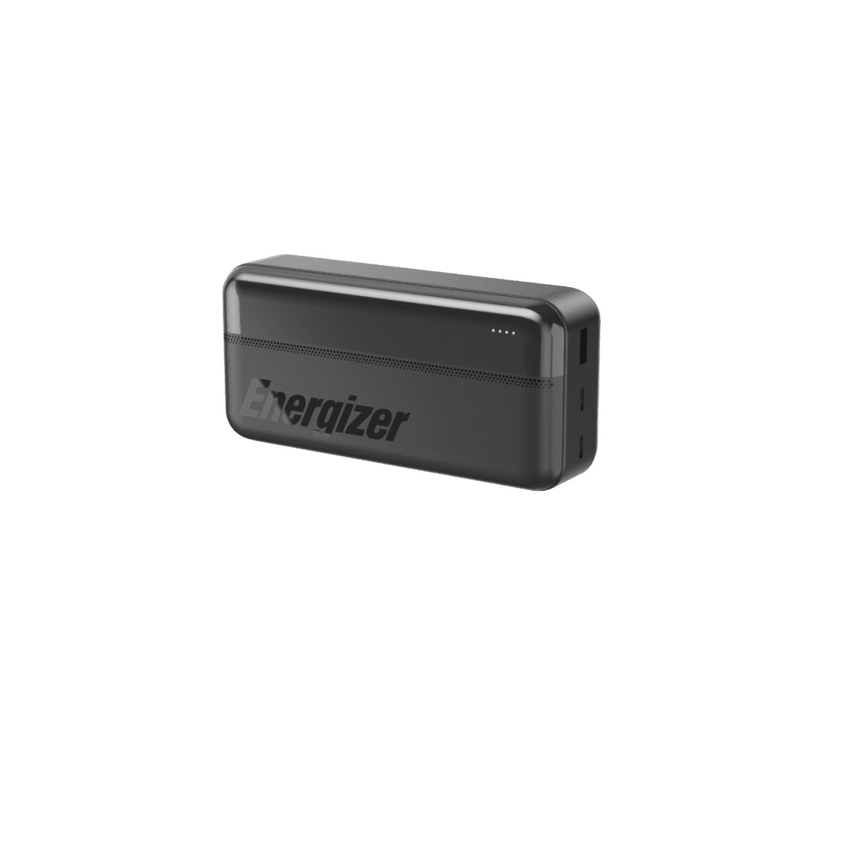 Un power bank Energizer nero dal design minimalista, con indicatore di alimentazione.