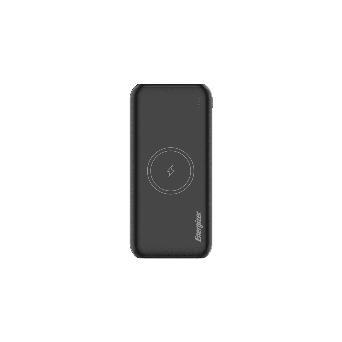 Eine schwarze kabellose Powerbank mit dem Energizer-Logo ist auf einem weißen Hintergrund zentriert.