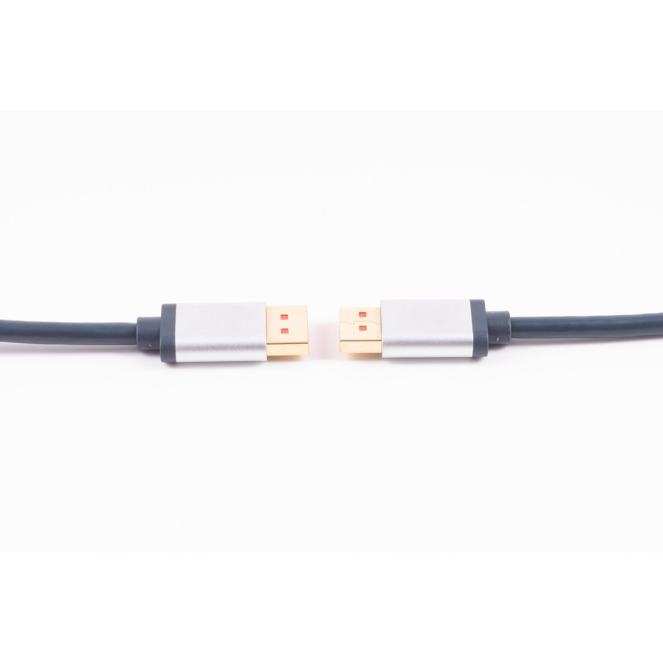 Zwei USB-Anschlüsse an einem schwarzen Kabel. Die Anschlüsse sind silber und gold, auf Weiß.