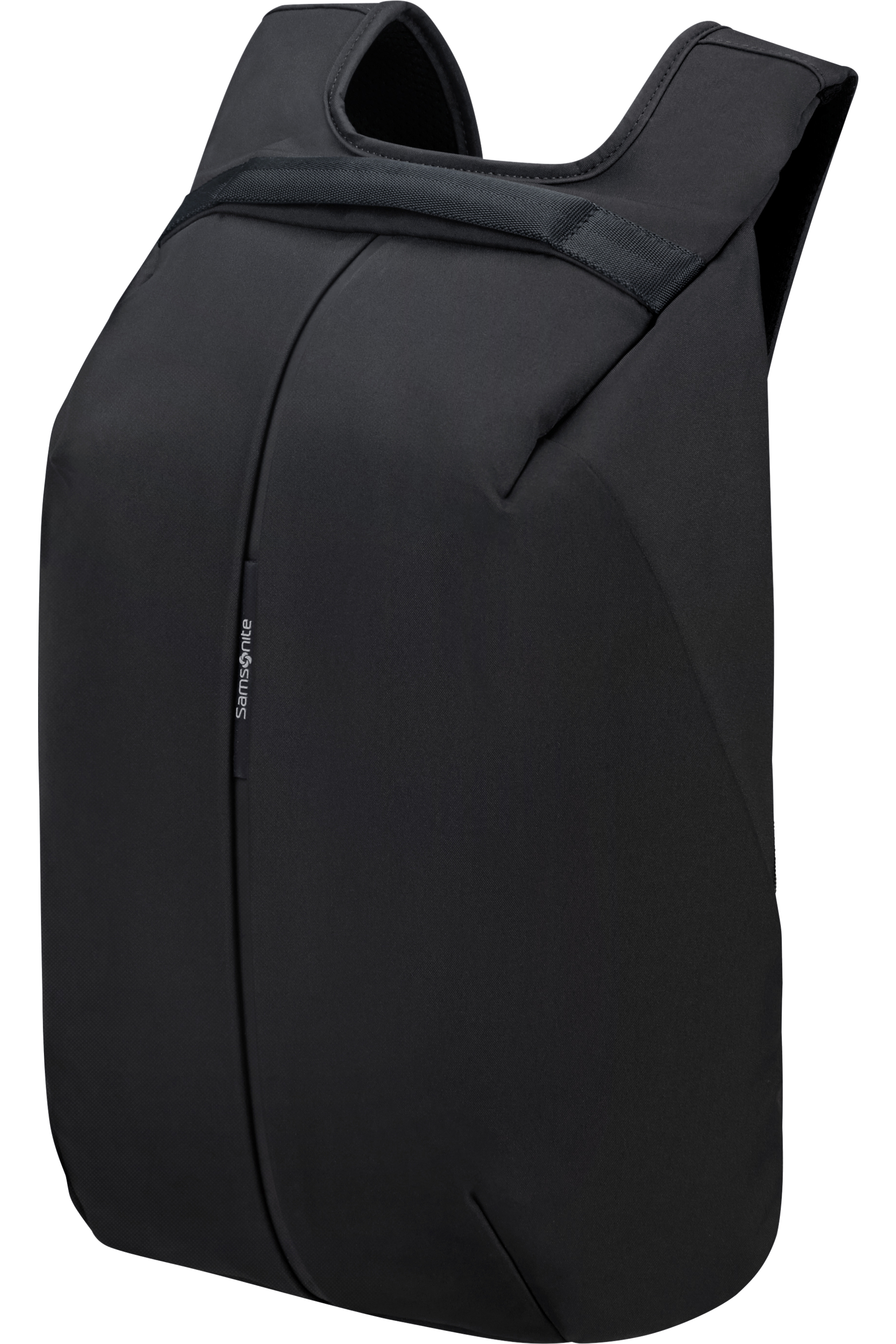 Schwarzer Rucksack. Runde Form, vertikale Naht, Samsonite Logo unten.
