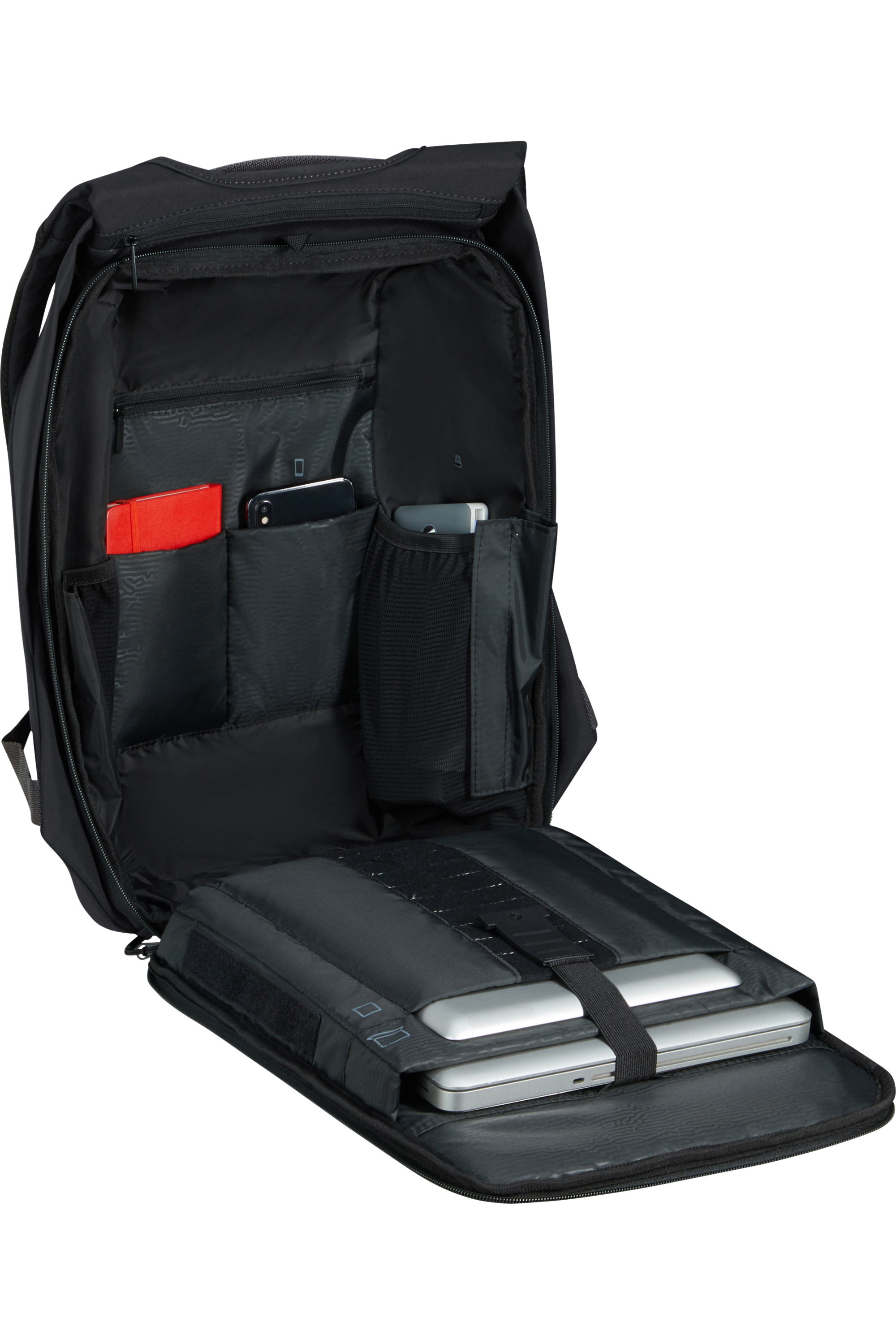 Geöffneter schwarzer Rucksack mit mehreren Fächern. Enthält Laptop und andere Gegenstände.