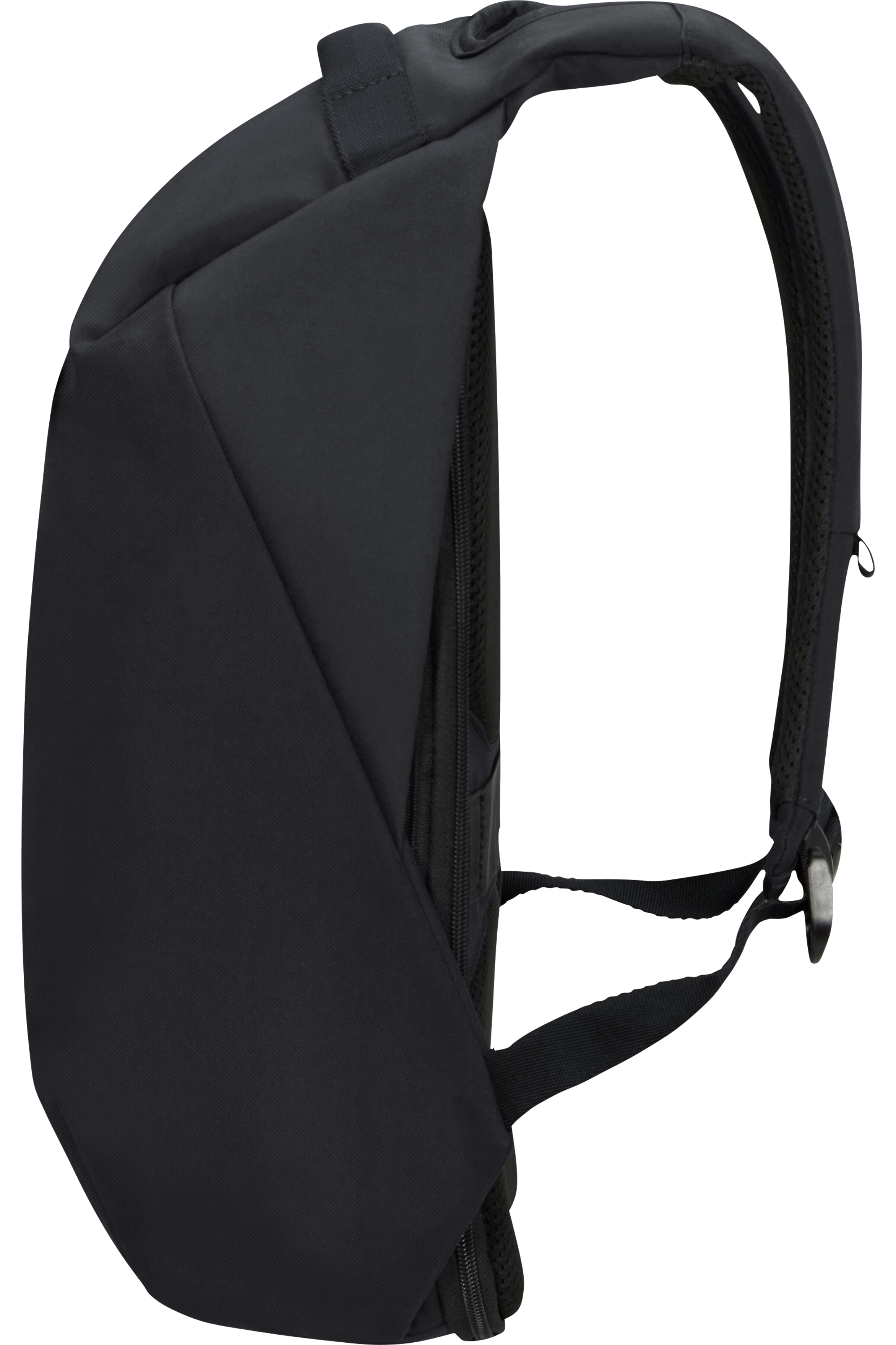 Schwarzer Rucksack, Seitenansicht. Mit geschwungenem Design, Schultergurten und Reißverschlusstasche.