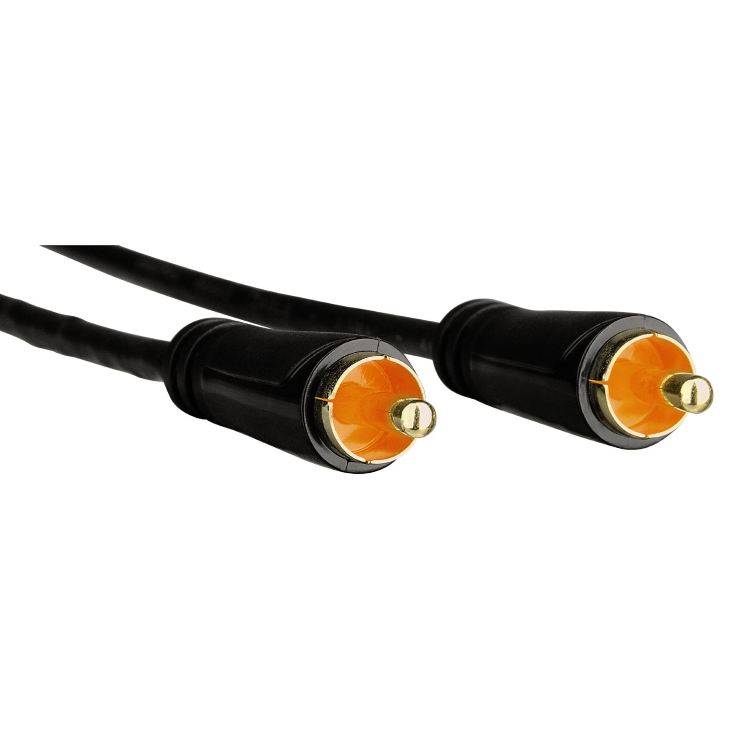 Due cavi audio RCA neri con connettori color oro, su sfondo bianco.