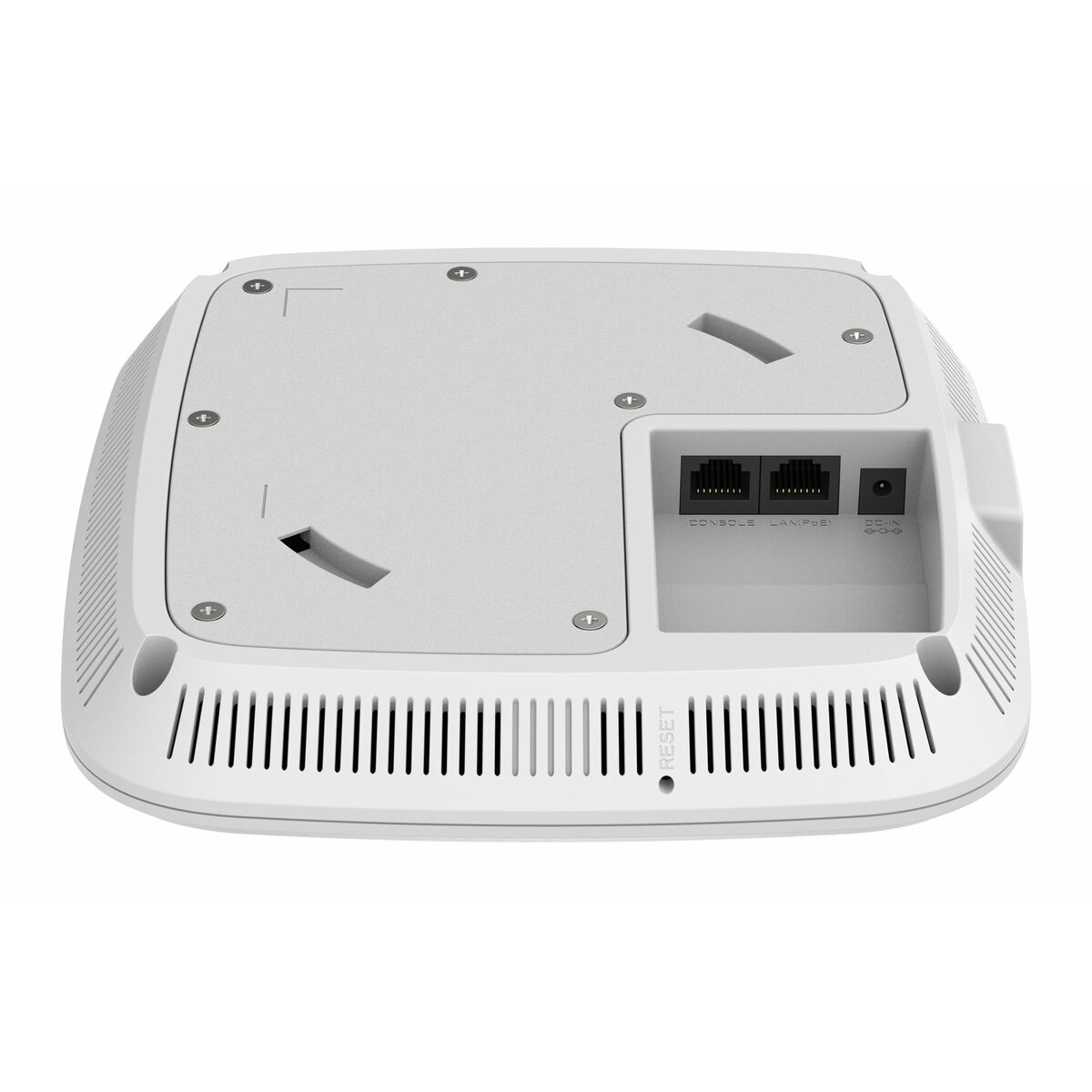 Weißes D-Link-Netzwerkgerät mit Anschlüssen und Reset-Taste.