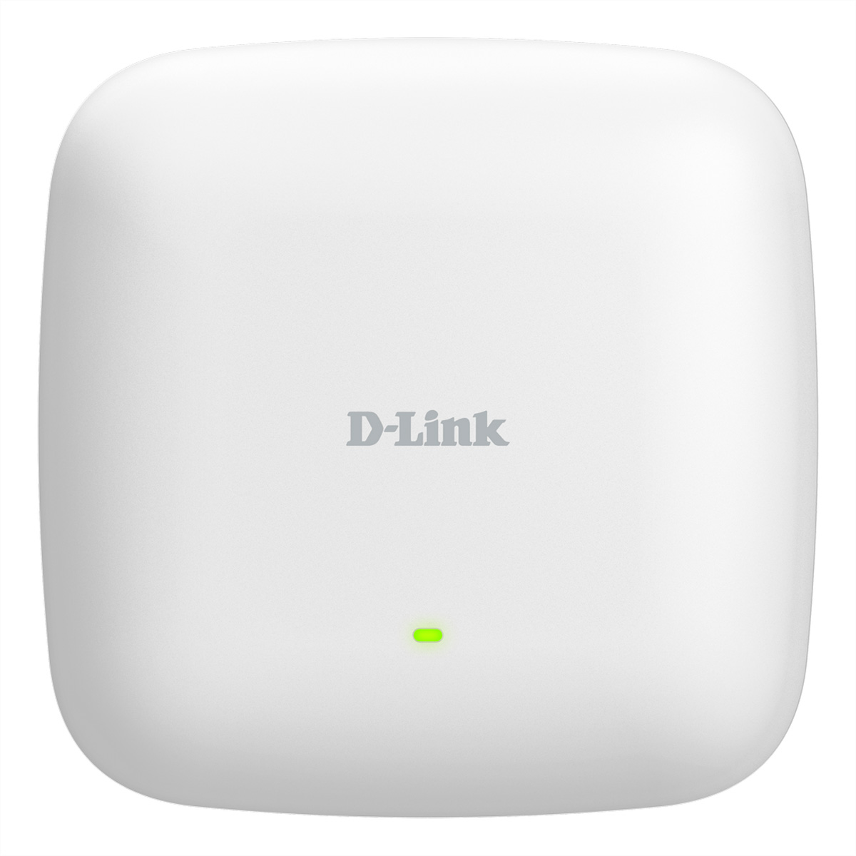 Weißes D-Link-Gerät mit D-Link-Logo und grünem Licht.